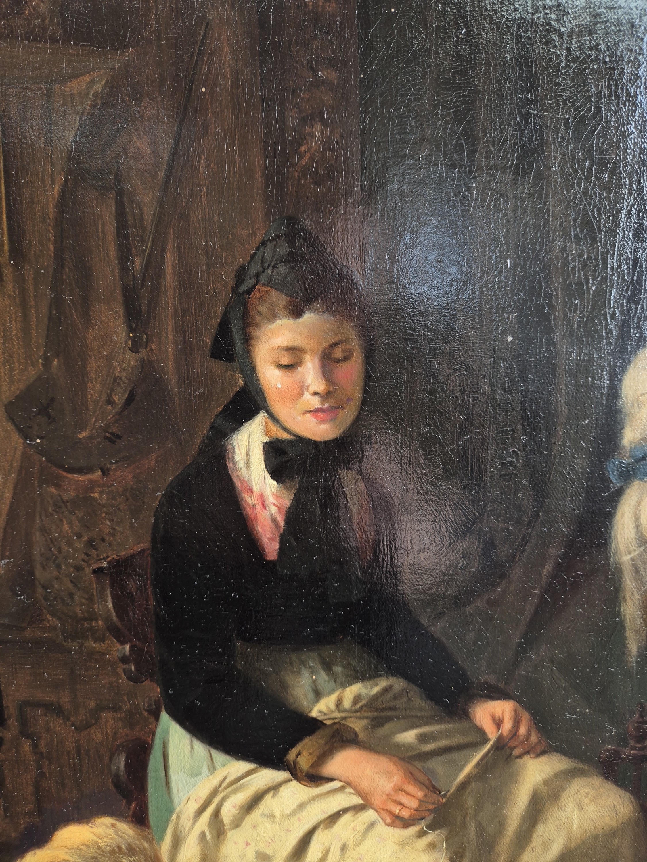 Detail a: Hubert Salentin, 1822-1910, Interieur, Mutter am Spinnrad, zwei Kinder, ein Säugling, ein Dackel, Öl/Lwd, rest., doubl., links unten sign., ca. ...