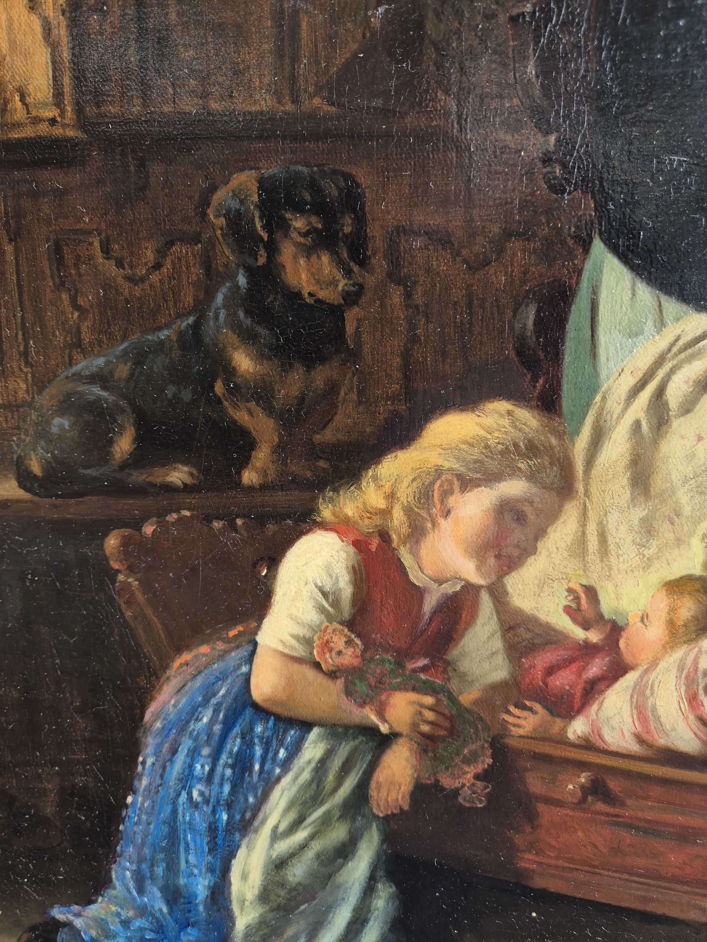 Detail b: Hubert Salentin, 1822-1910, Interieur, Mutter am Spinnrad, zwei Kinder, ein Säugling, ein Dackel, Öl/Lwd, rest., doubl., links unten sign., ca. ...