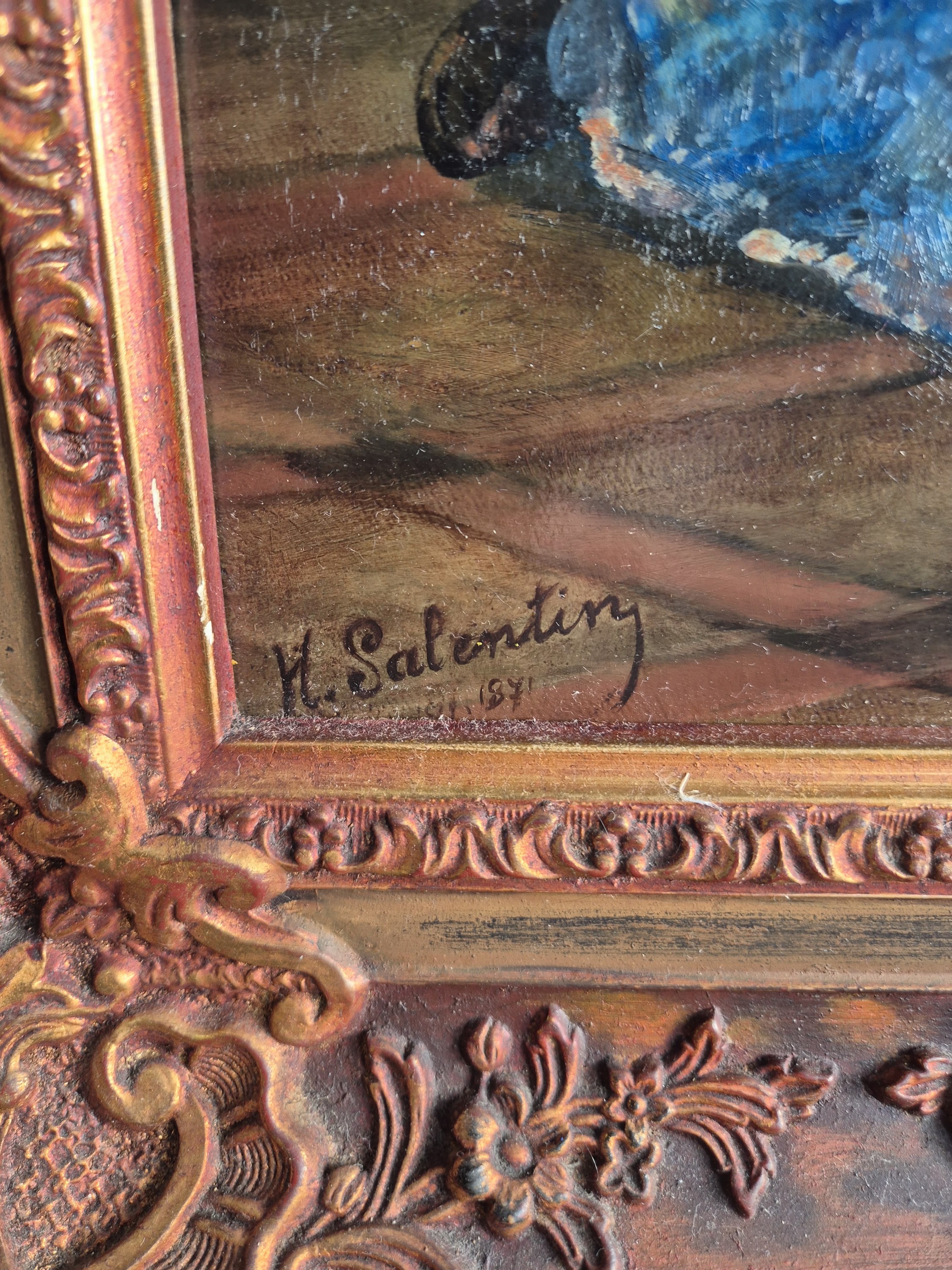 Detail c: Hubert Salentin, 1822-1910, Interieur, Mutter am Spinnrad, zwei Kinder, ein Säugling, ein Dackel, Öl/Lwd, rest., doubl., links unten sign., ca. ...