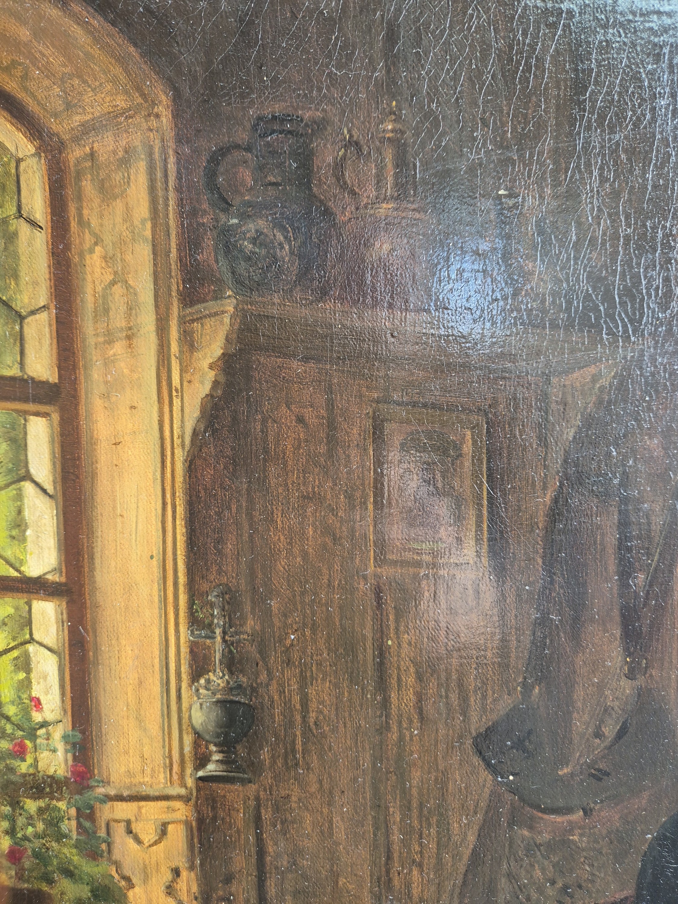 Detail d: Hubert Salentin, 1822-1910, Interieur, Mutter am Spinnrad, zwei Kinder, ein Säugling, ein Dackel, Öl/Lwd, rest., doubl., links unten sign., ca. ...