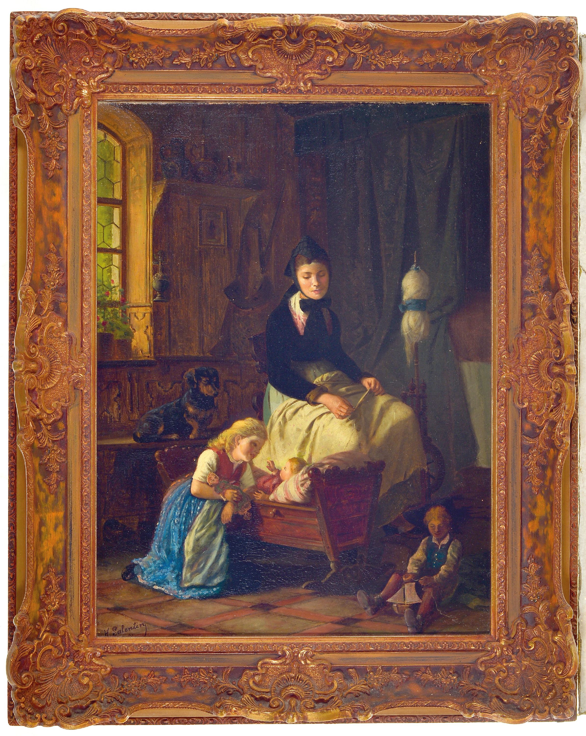 Detail k: Hubert Salentin, 1822-1910, Interieur, Mutter am Spinnrad, zwei Kinder, ein Säugling, ein Dackel, Öl/Lwd, rest., doubl., links unten sign., ca. ...