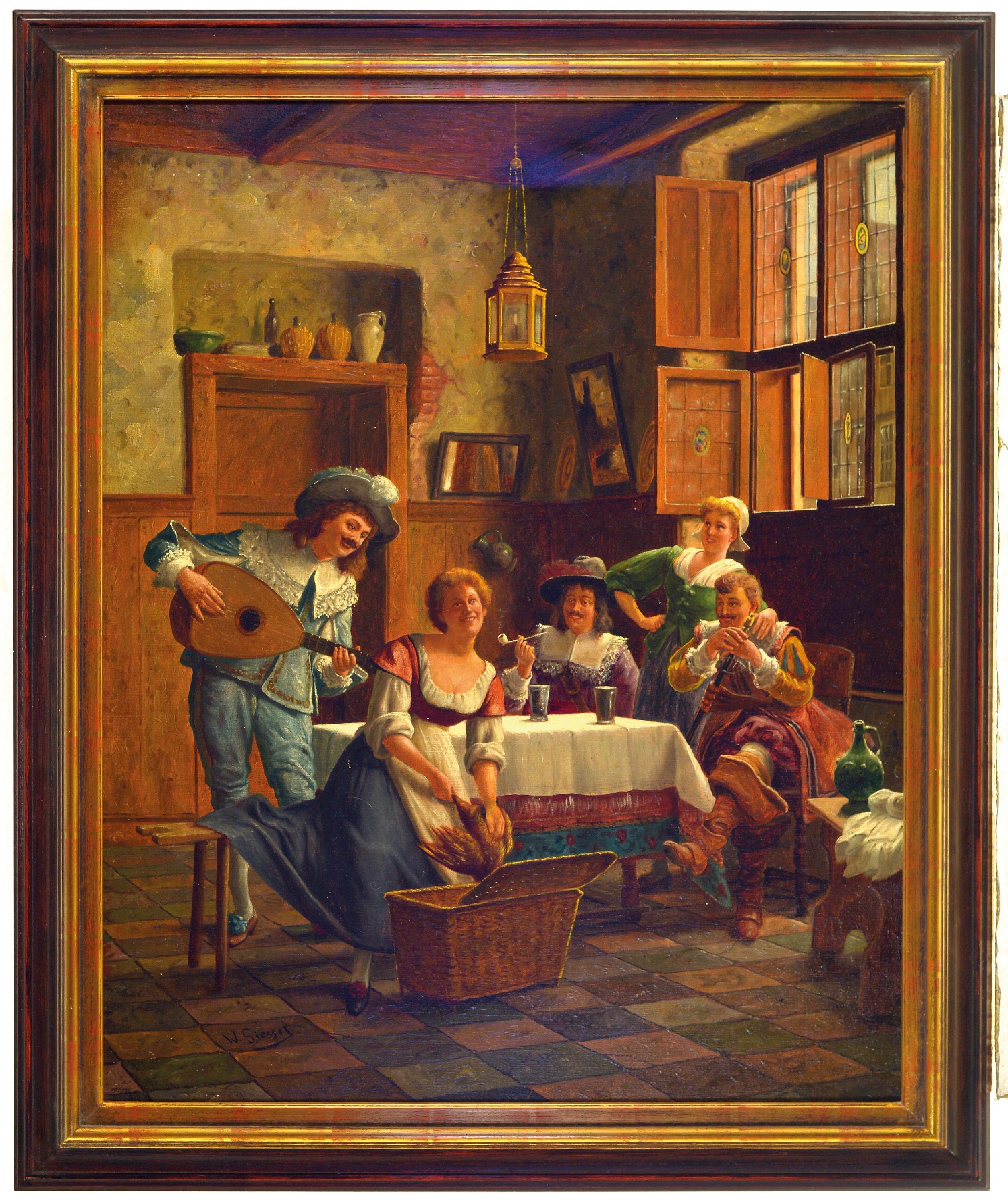 Detail k: Wilhelm Friedrich Giessel, 1869-1938 Österreich, Wirtshausszene mit Edelmännern und Mägden, Öl/Lwd, links unten sign., ca. 78x64cm, R. ca. 92x76cm