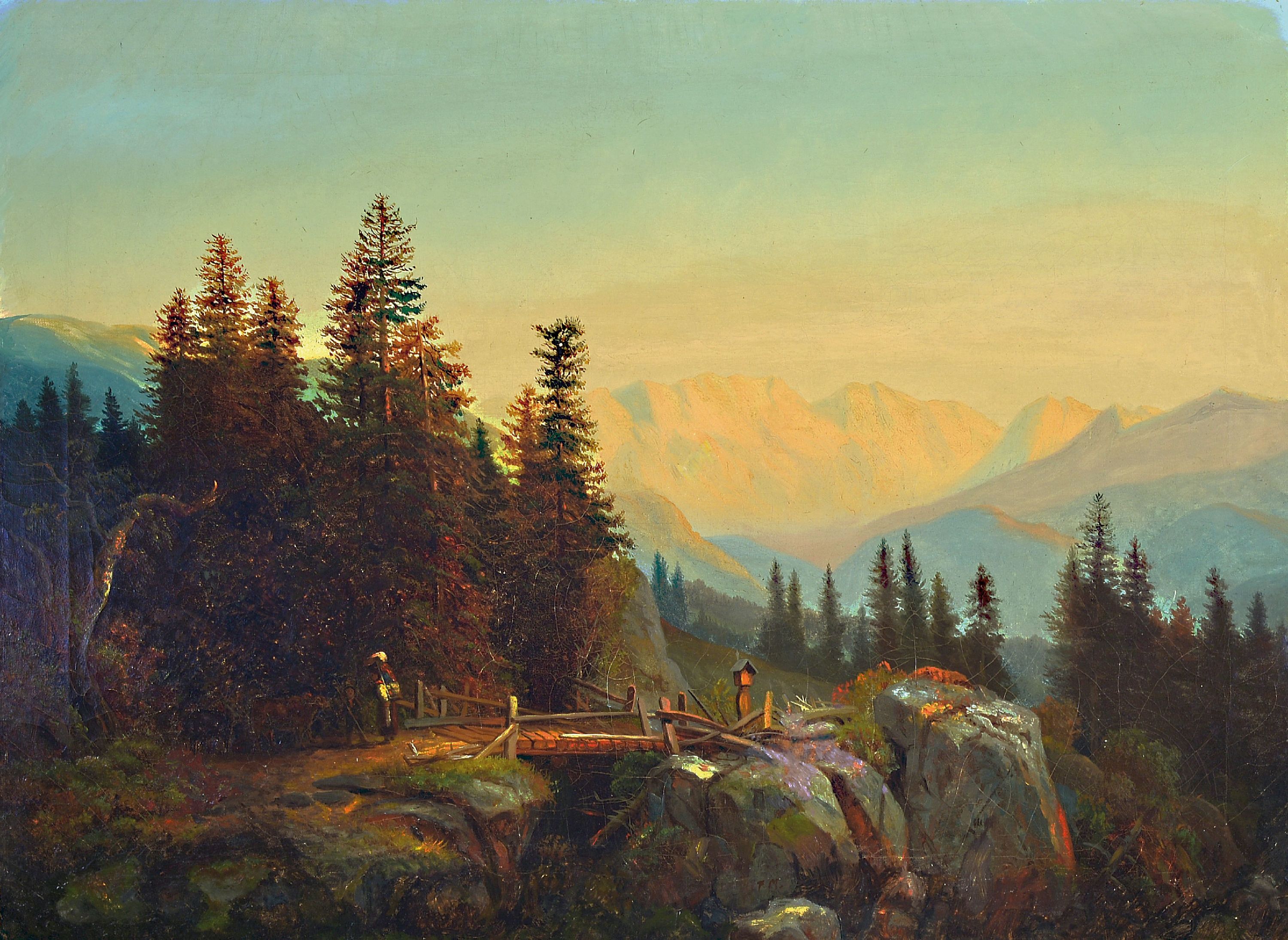 Image 27003899 - Unbekannter Künstler des ausgehenden 19. Jh., Hochgebirgslandschaft mit Brücke und ...