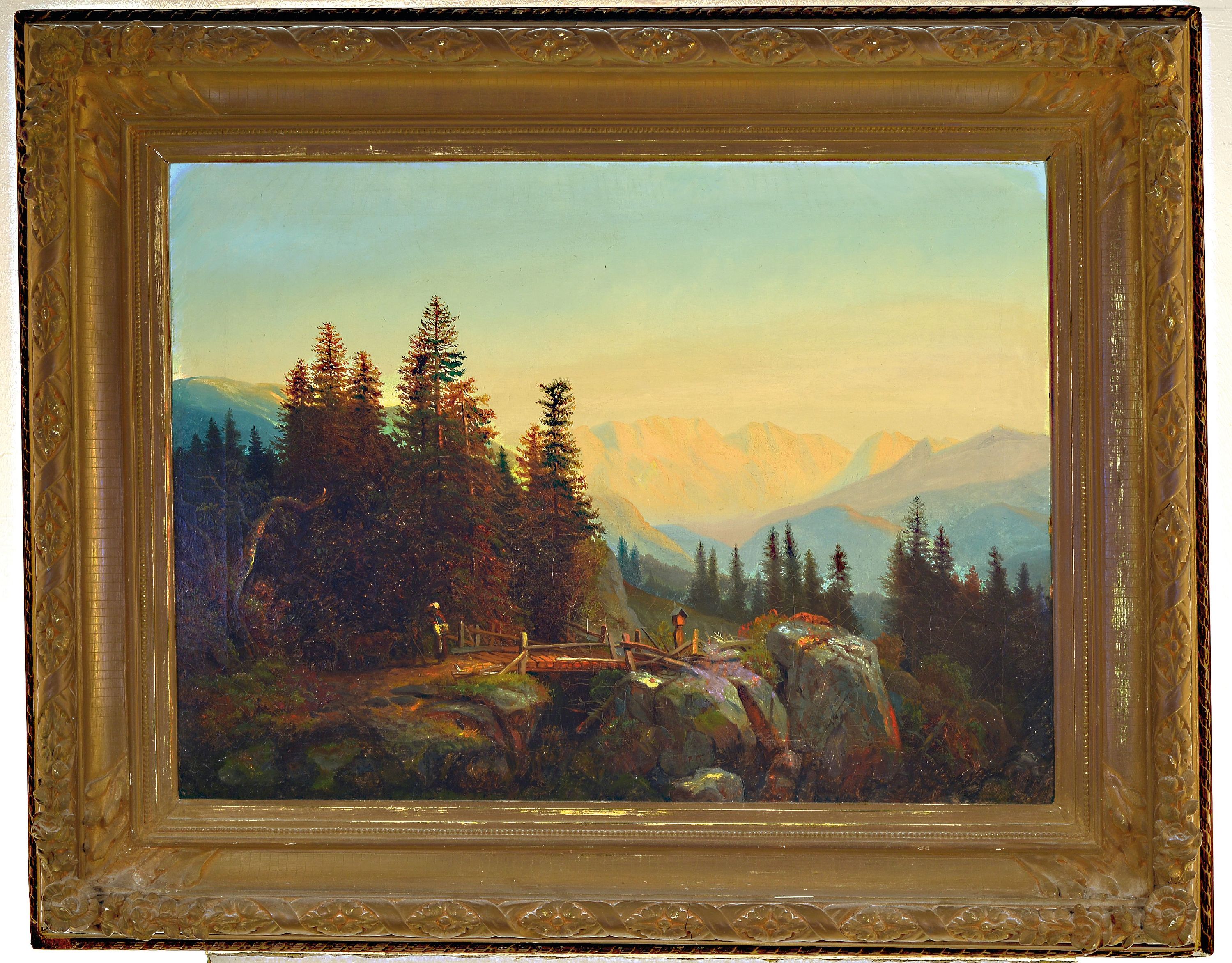 Detail k: Unbekannter Künstler des ausgehenden 19. Jh., Hochgebirgslandschaft mit Brücke und Marterl, im Hintergrund Alpenglühen, Öl/Lwd, unsign., rest., ...