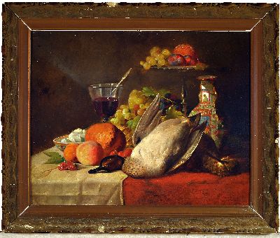 27003891k - Unbekannter Künstler, um 1910-20, Stillleben mit chinesischer Vase, Obst, Brot und ...