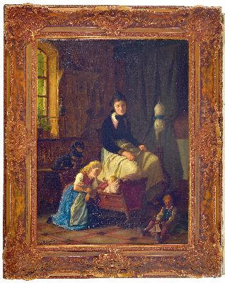 27003894k - Hubert Salentin, 1822-1910, Interieur, Mutter am Spinnrad, zwei Kinder, ein Säugling, ...