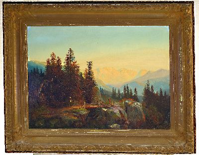 27003899k - Unbekannter Künstler des ausgehenden 19. Jh., Hochgebirgslandschaft mit Brücke und ...