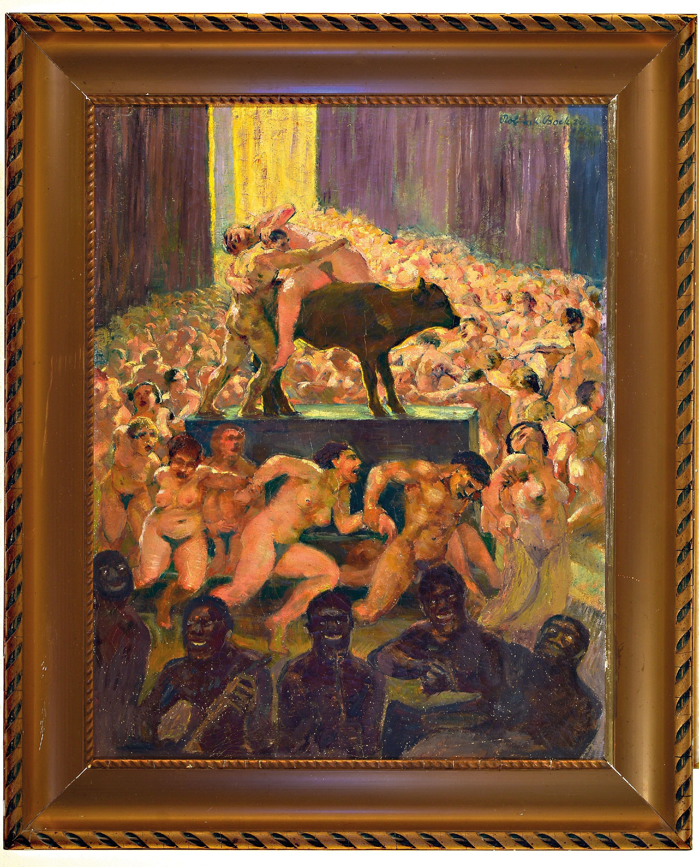 Detail k: Robert Jakob Bock, 1896 Darmstadt-1943 Pirmasens, Studium an der Akademie München ab 1916, hier: vielfigurige Szene einer Orgie, mittig Paar mit ...