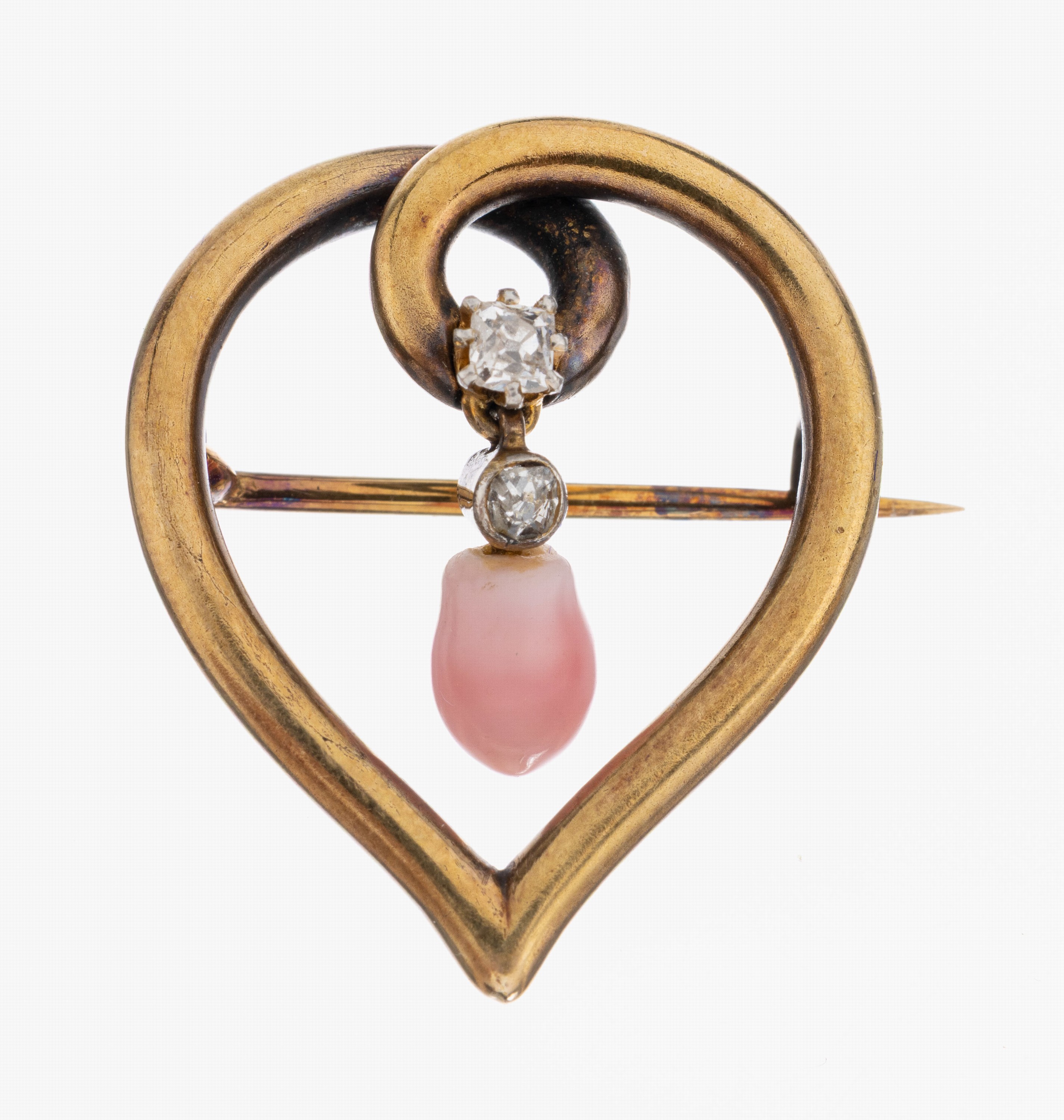 Image 27003904 - 14 kt Gold Diamant-Korall-Brosche, um 1890, GG 585/000 gepr., Herz, mittig mit bewegl. ...