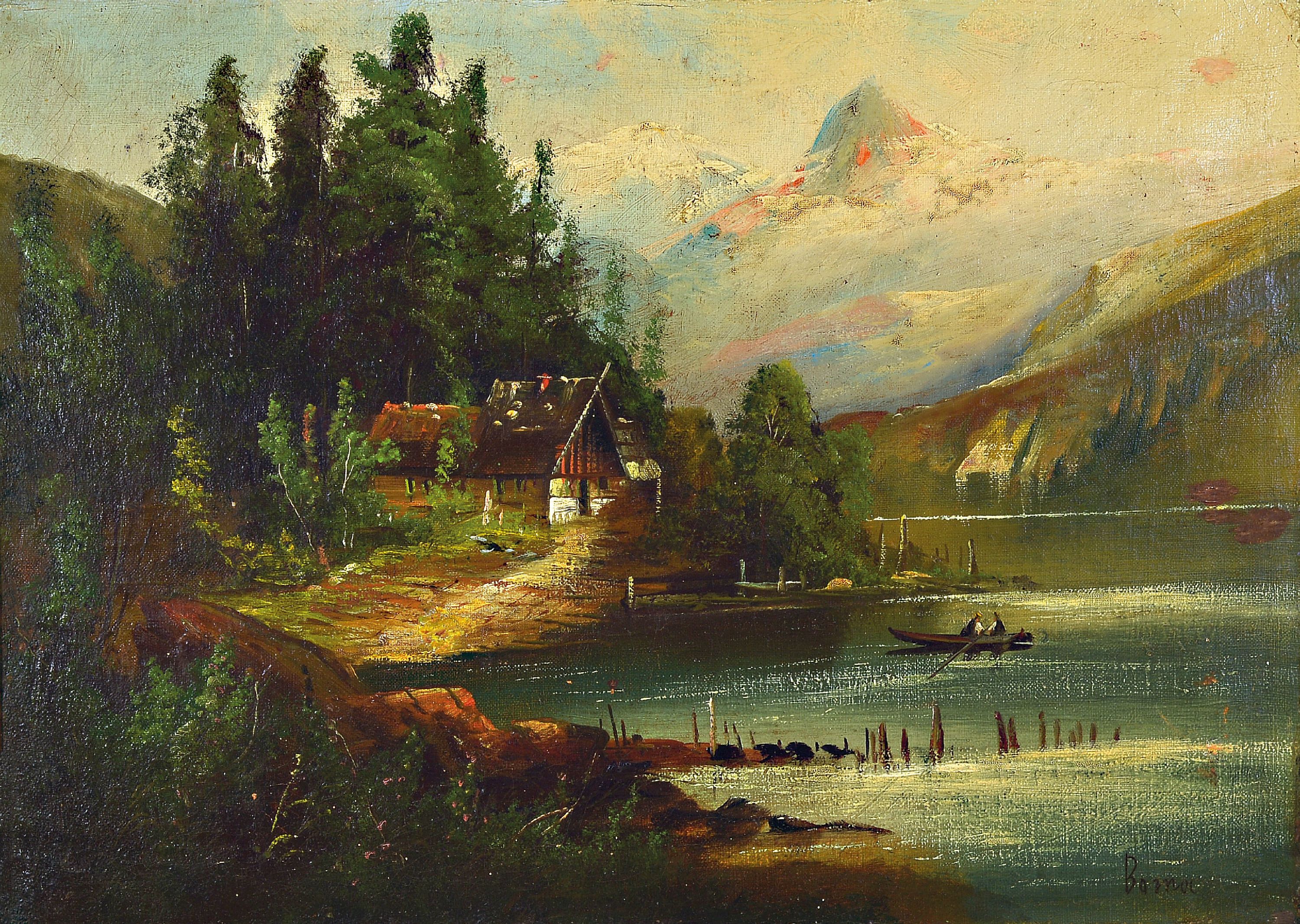 Image 27003917 - Unknown artist, southern German, around 1900, landscape with hut on an Alpine lake, ...