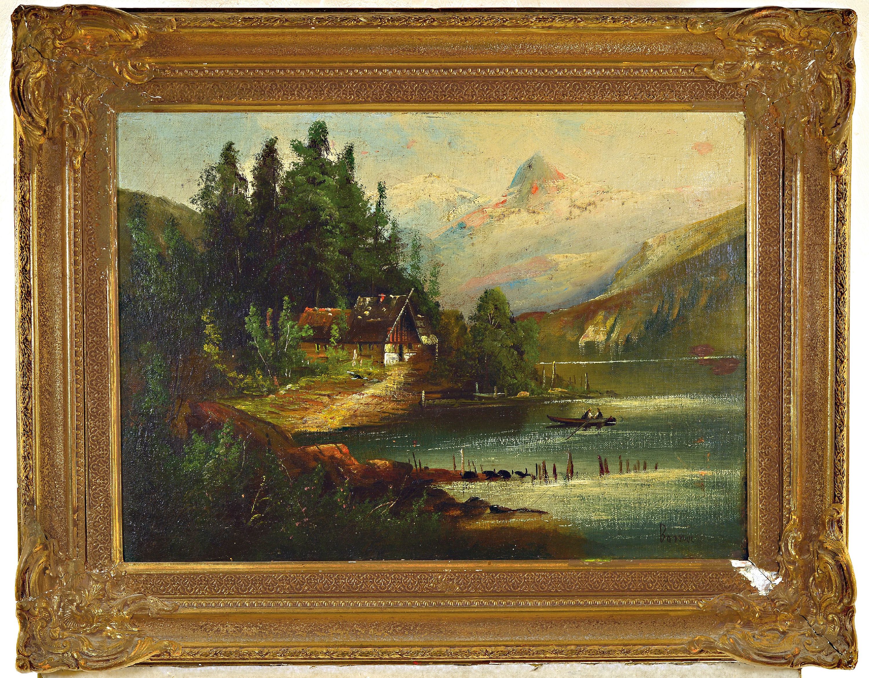 Detail k: Unbekannter Künstler, süddeutsch, um 1900, Landschaft mit Hütte an einem Alpensee, Öl/ Lwd, rest., unsign., ca. 46x65cm, R. ca. 66x 84cm, Rahmen ...