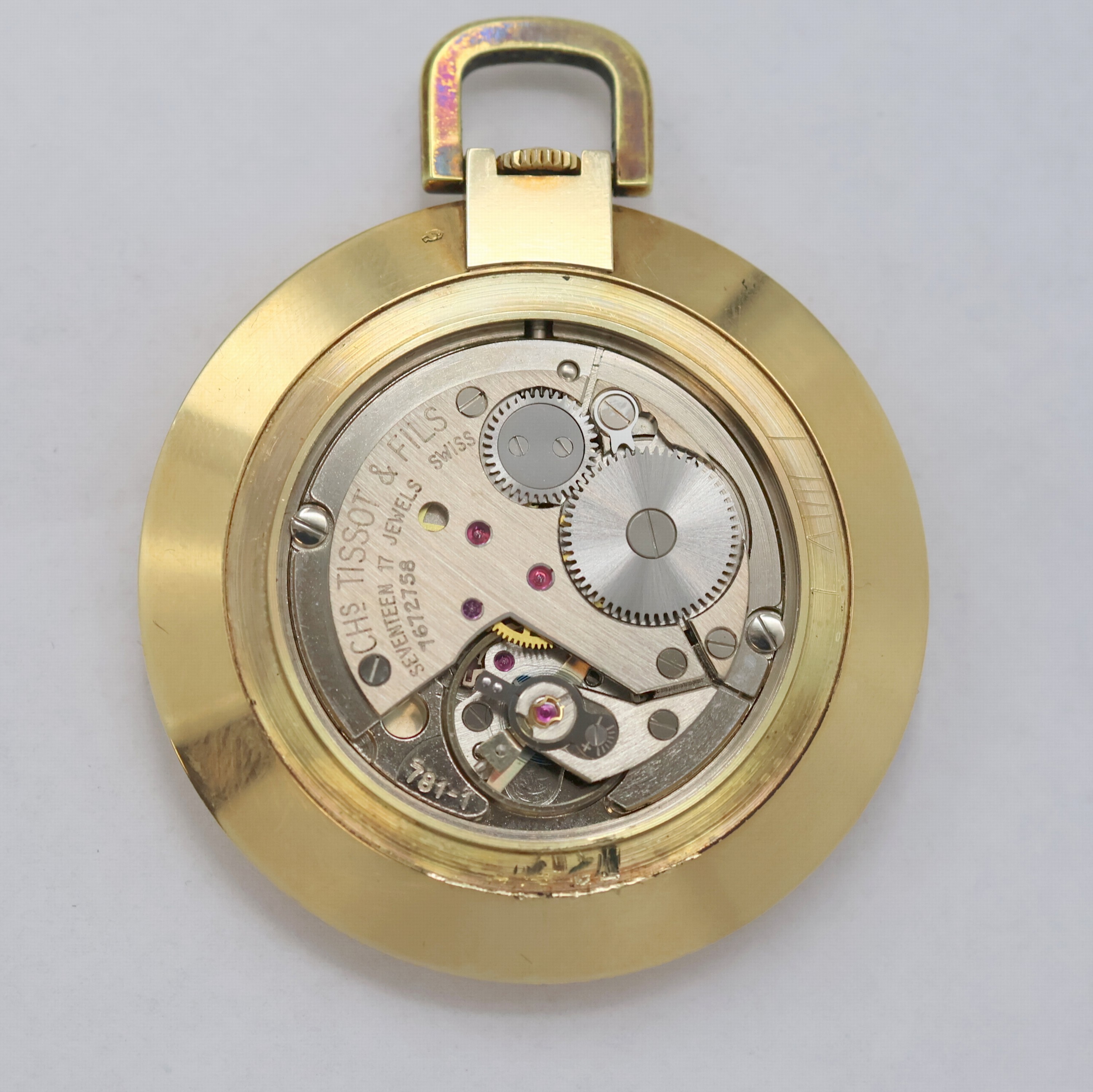 Detail c: TISSOT Frackuhr in GG 585/000, Handaufzug, Schweiz um 1975, 3-teil. Geh., Boden und Glasrand aufgedr., silb. Zifferbl. m. aufgel. Indizes, Werk ...