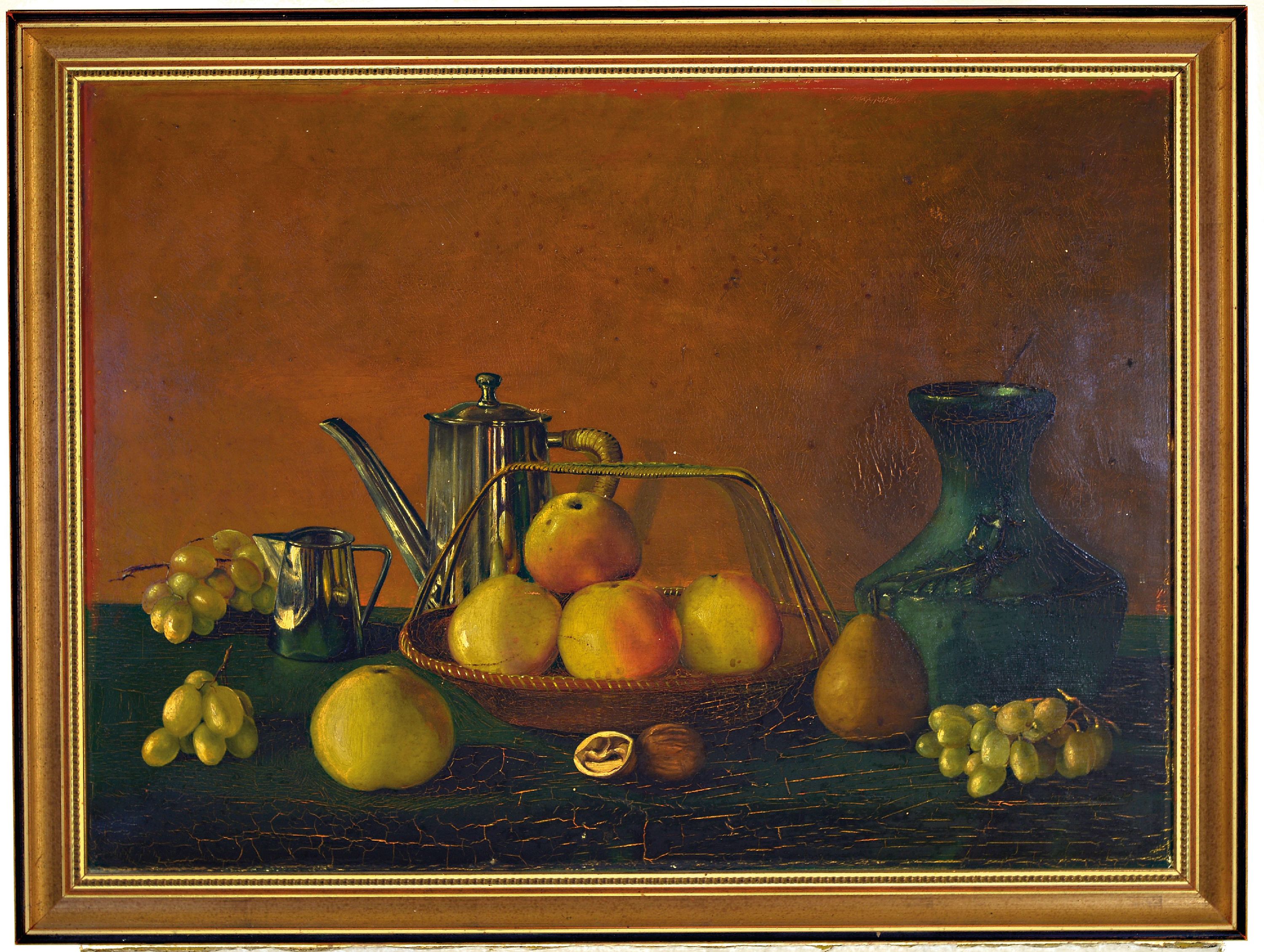 Detail k: Unbekannter Maler, um 1910-20, Stillleben mit Silberkanne, Vase und Obst, Öl/Lwd, krakeliert, l. rest., unsign., 55x76 cm, R. ca. 65x85 cm