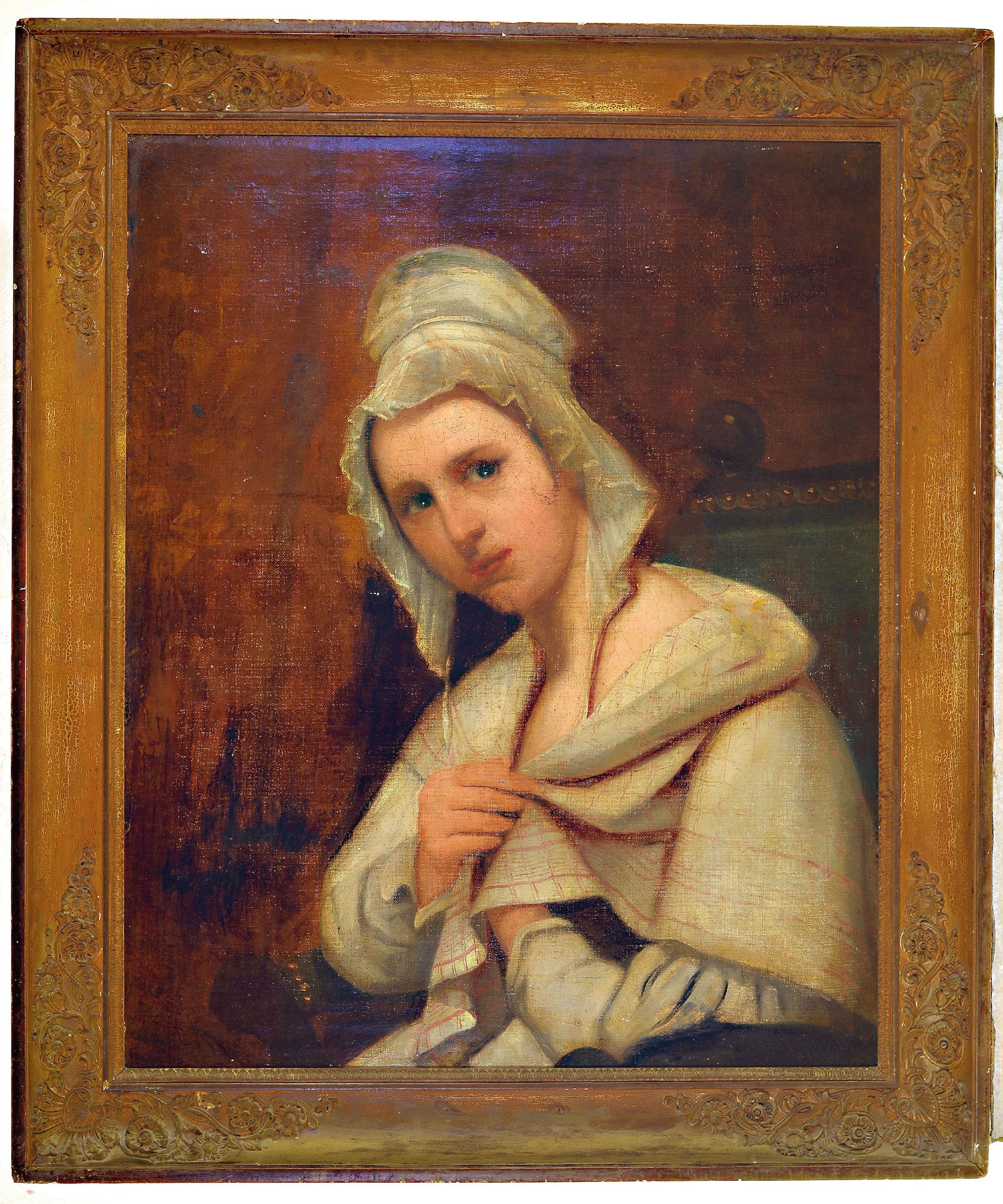 Detail k: Unbekannter Künstler, Niederlande, 1. Hälfte 19. Jh., Porträt einer jungen Dame mit Haube, Öl/Lwd, unsign., Lwd mehrfach geflickt, dennoch ...