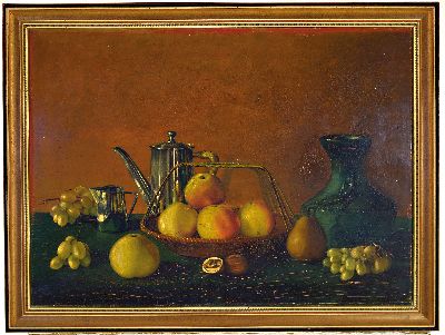 27003935k - Unbekannter Maler, um 1910-20, Stillleben mit Silberkanne, Vase und Obst, Öl/Lwd, ...