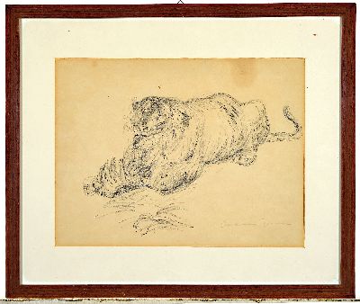 27003995k - Otto Dill, 1884 Neustadt-1957 Bad Dürkheim, fressende Löwin, Bleistiftzeichnung, ...