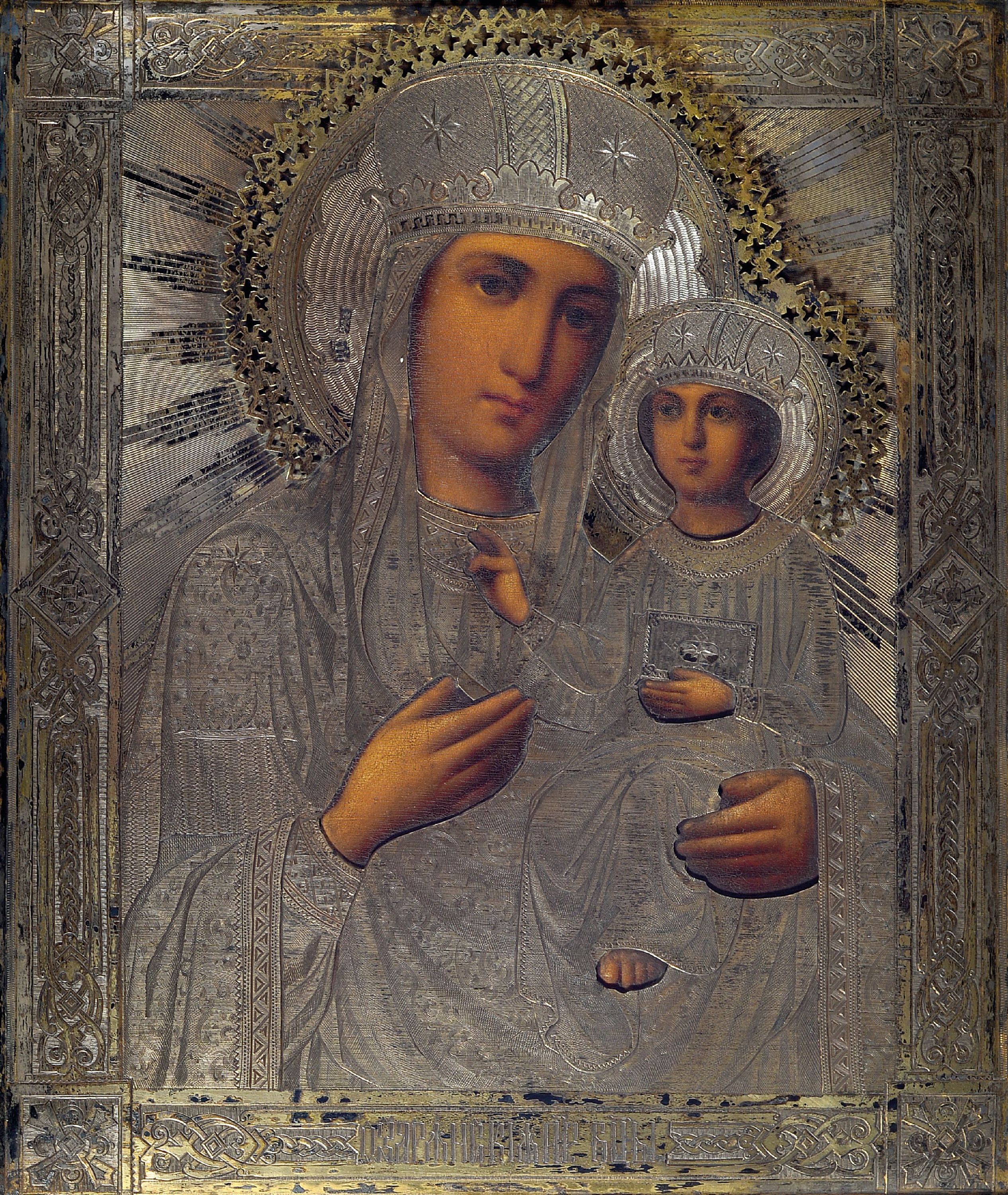 Image 27004057 - Ikone, Russland, um 1900, mit Silberoklad, Gottesmutter mit Kind, Tempera auf Holz, ...