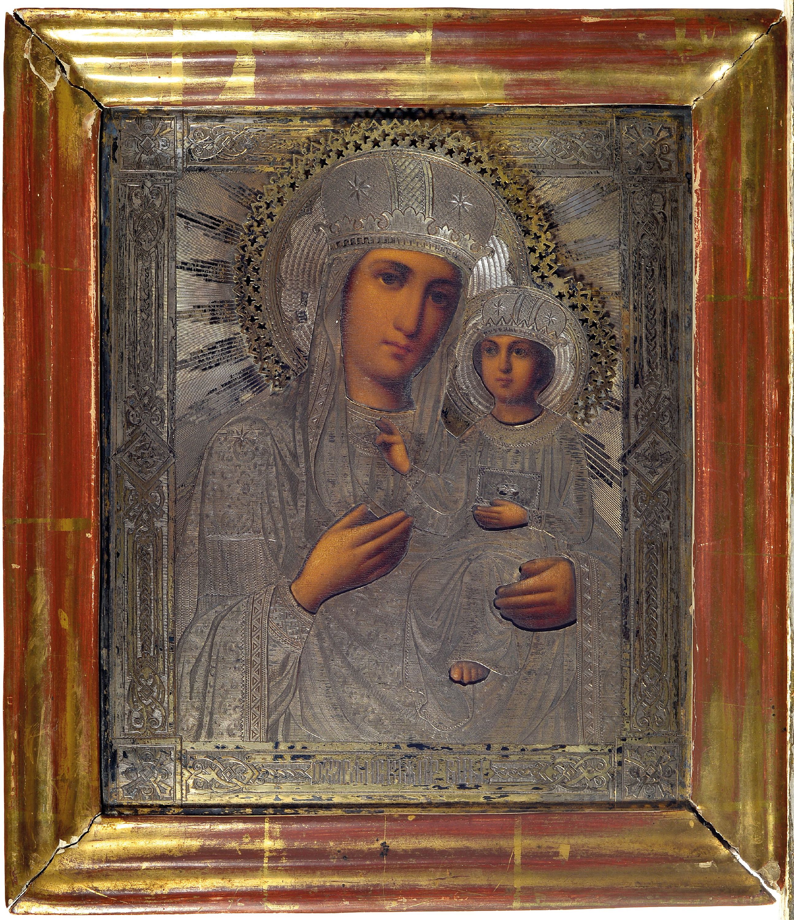 Detail k: Ikone, Russland, um 1900, mit Silberoklad, Gottesmutter mit Kind, Tempera auf Holz, Oklad 84er Silber fein ziseliert und punziert, teilvergoldet, ca. ...