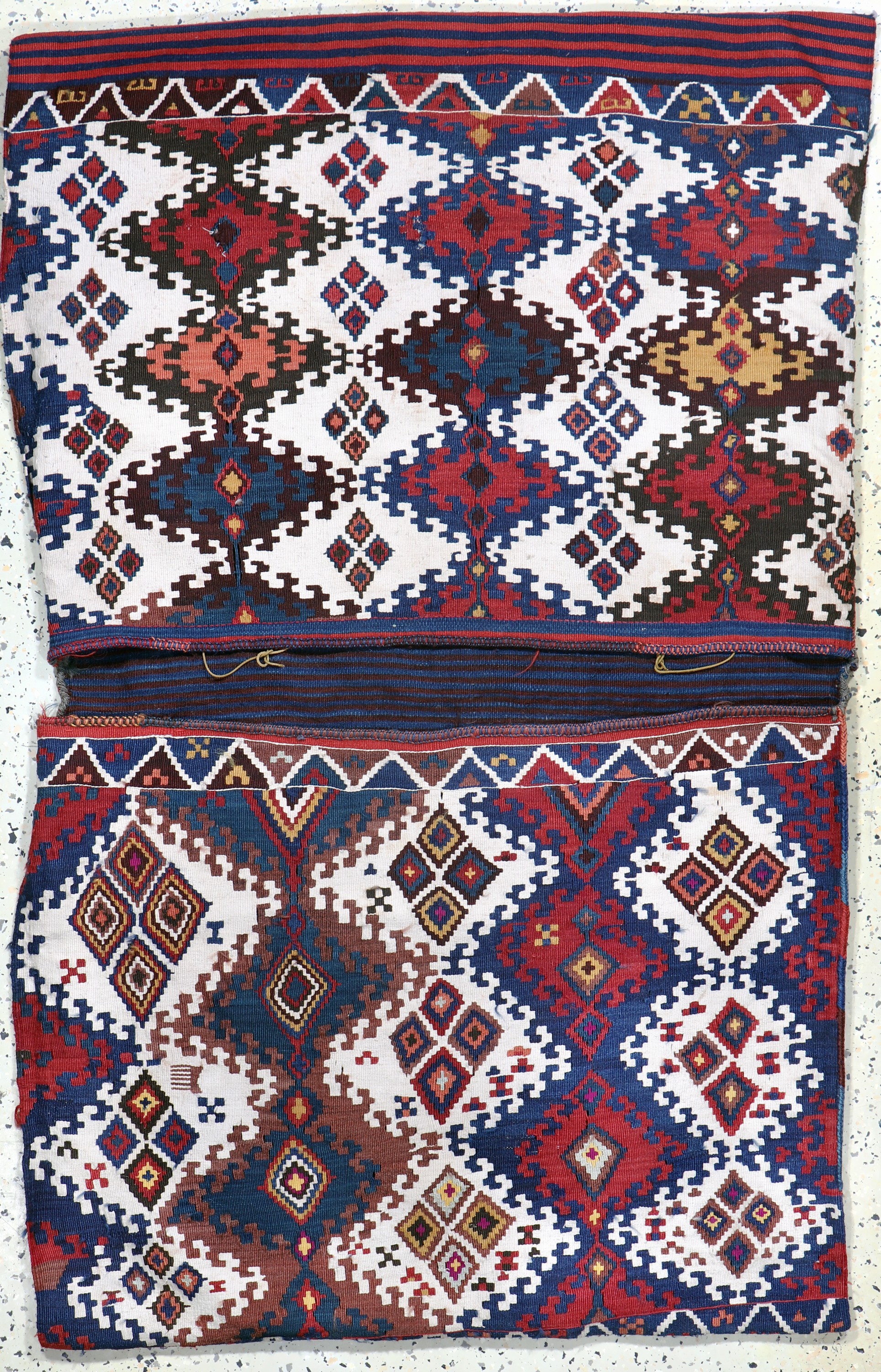 Bergama Kelim Doppeltasche antik, Türkei, 19.Jhd, Wolle auf Wolle, ca. 144 x 89 cm, EHZ:2-3