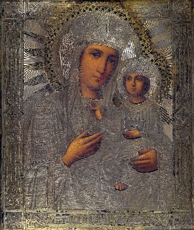 Image Ikone, Russland, um 1900, mit Silberoklad, Gottesmutter mit Kind, Tempera auf Holz, ...