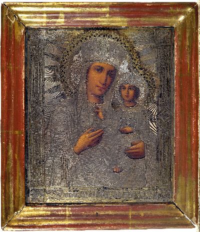 27004057k - Ikone, Russland, um 1900, mit Silberoklad, Gottesmutter mit Kind, Tempera auf Holz, ...