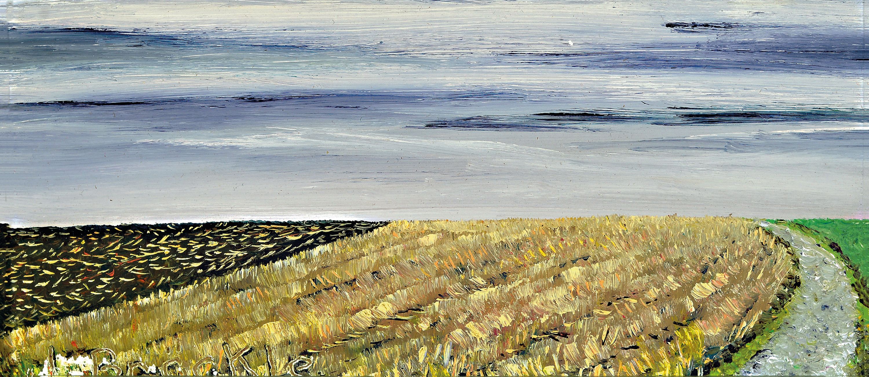 Jakob Bräckle, 1897-1987 Bieberach an der Riß , Weite Ackerlandschaft, Öl/Malkarton, links unten sign., ca. 8x17cm, R. ca. 10x19cm, kleine ...