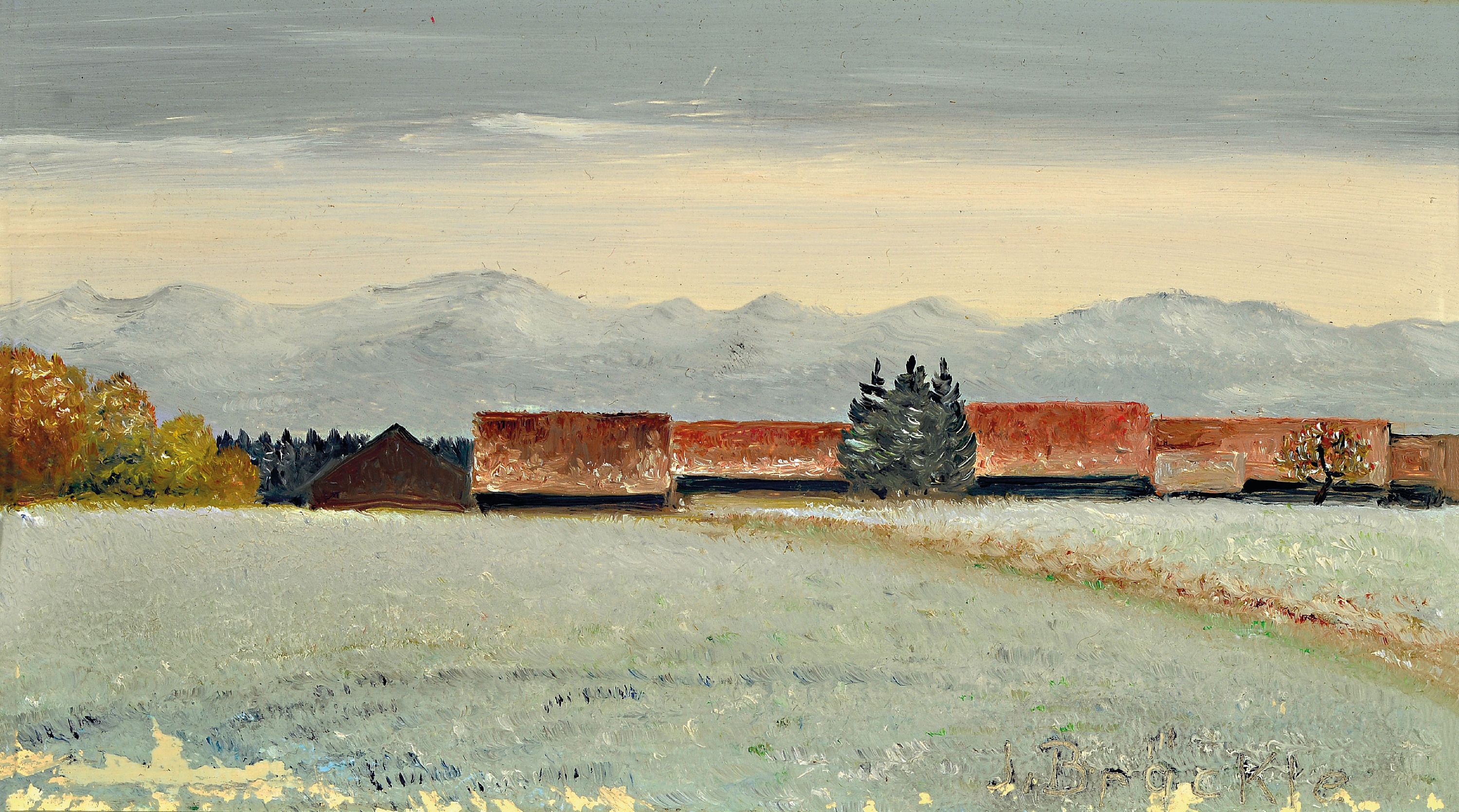 Jakob Bräckle, 1897-1987, Blick auf ein Dorf vor einem Gebirge, Öl/Hartfaser, rechts unten sign., ca. 11x19cm, R. ca. 13.5x21.5cm, Studium an der ...