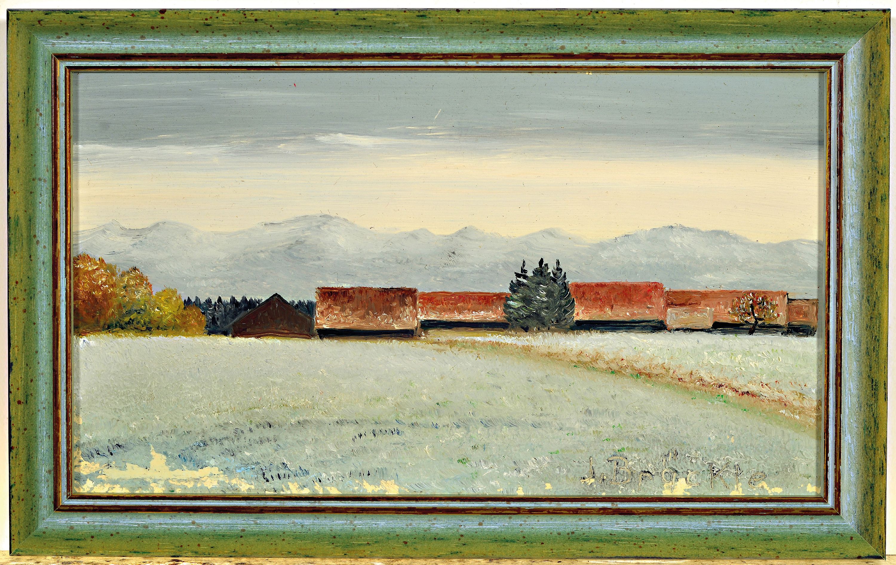 Detail k: Jakob Bräckle, 1897-1987, Blick auf ein Dorf vor einem Gebirge, Öl/Hartfaser, rechts unten sign., ca. 11x19cm, R. ca. 13.5x21.5cm, Studium an der ...