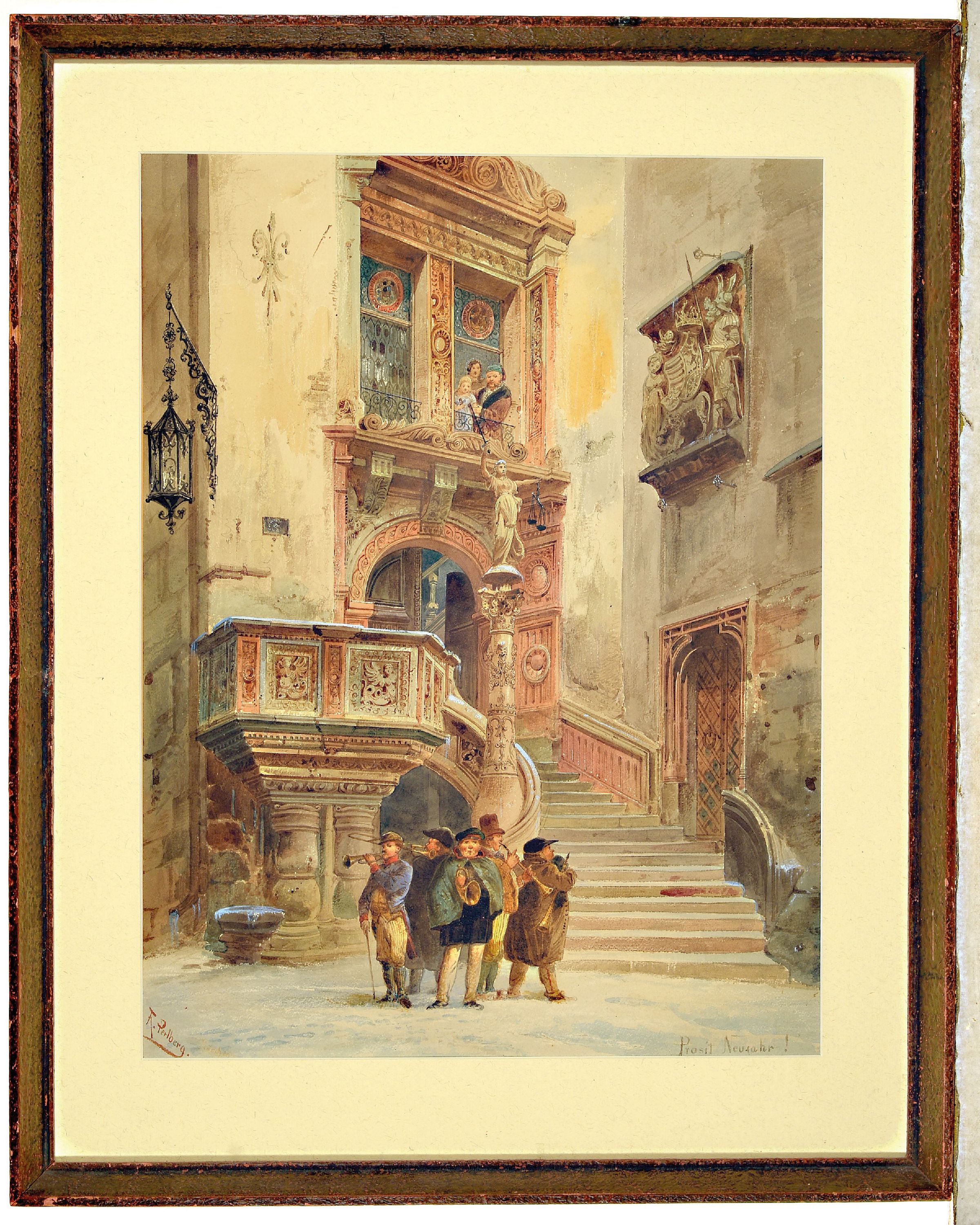 Detail k: Friedrich Perlberg, 1848-1921, Gruppe Musiker vor einem herrschaftlichen Haus, Aquarell auf Papier, links unten signiert, rechts unten bez.: Proit ...