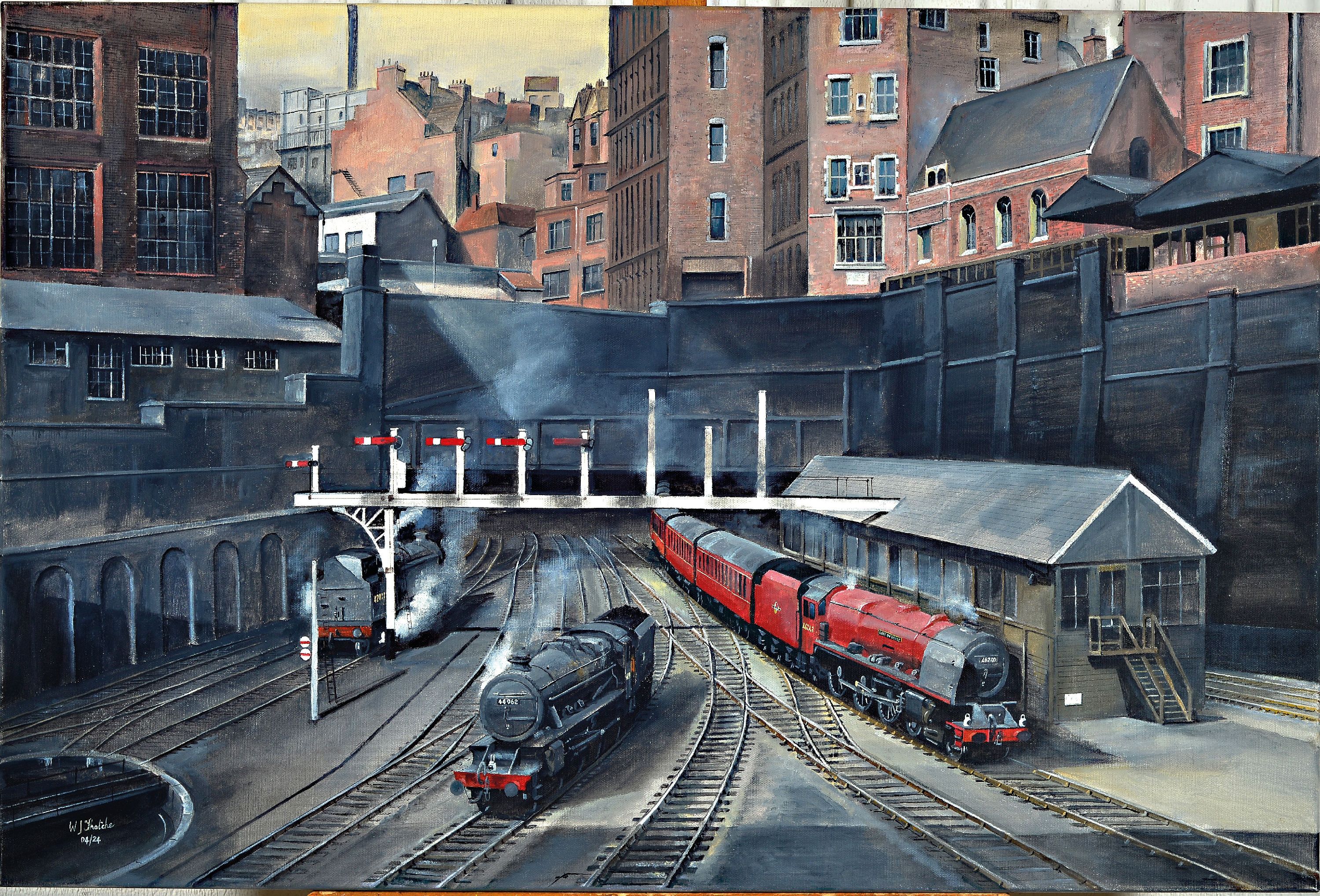 Detail k: Wrenford Thatcher, geb. 1944 Großbritannien,Züge, die aus dem Tunnel fahren, Acryl/Lwd, links unten sign. und dat. 4/24, ca. 60x90cm