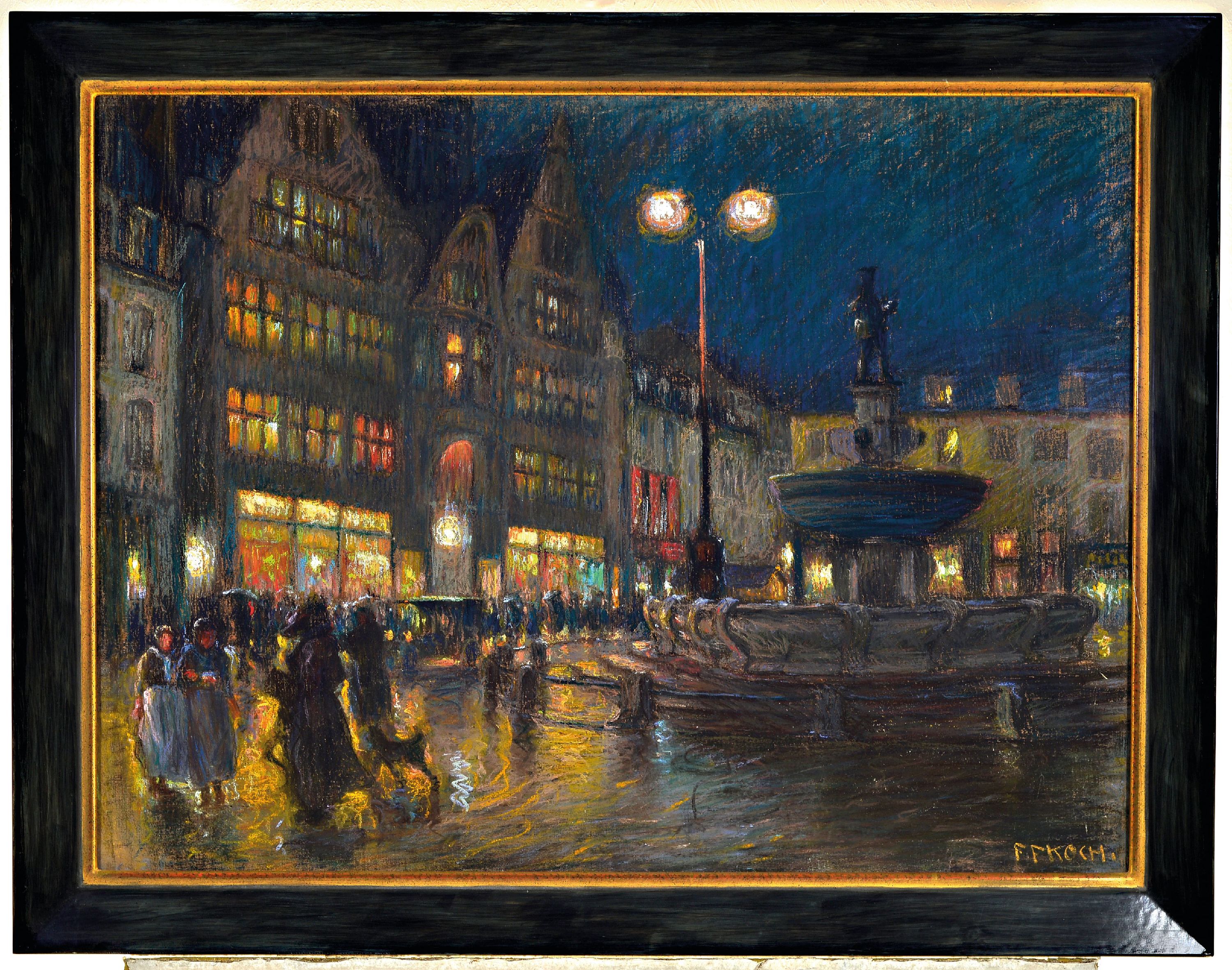 Detail k: Friedrich Ferdinand Koch, 1863-1923, Abendliches Treiben auf einem Marktplatz, vielfigurige Szene mit erleuchteten Schaufenstern in gekonnter ...