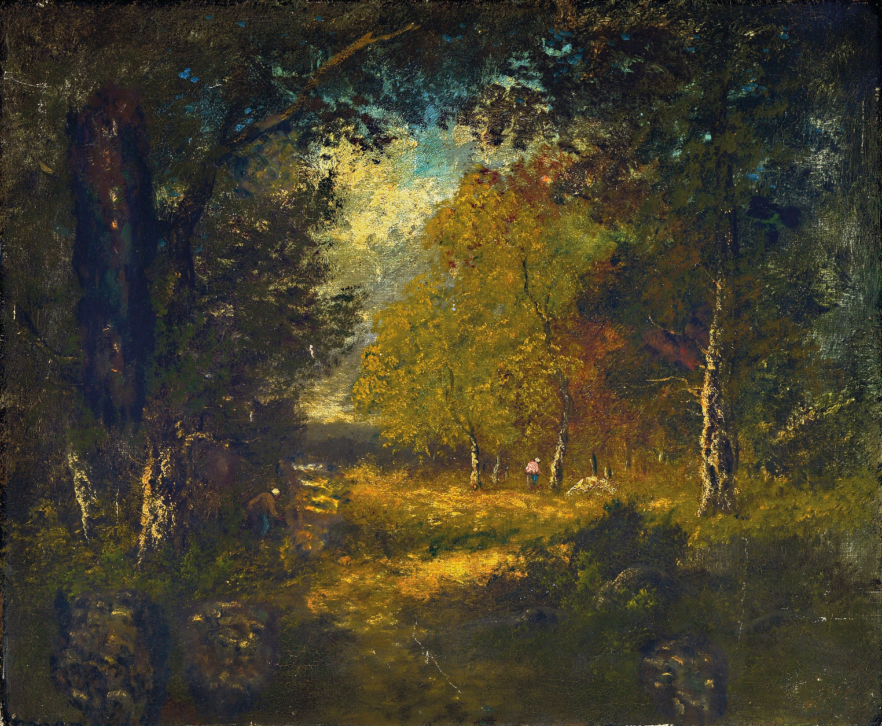 Image 27004656 - Unbekannter Maler der Schule von Barbizon, um 1900, zwei Holzsammler im Wald, Öl/Lwd, ...