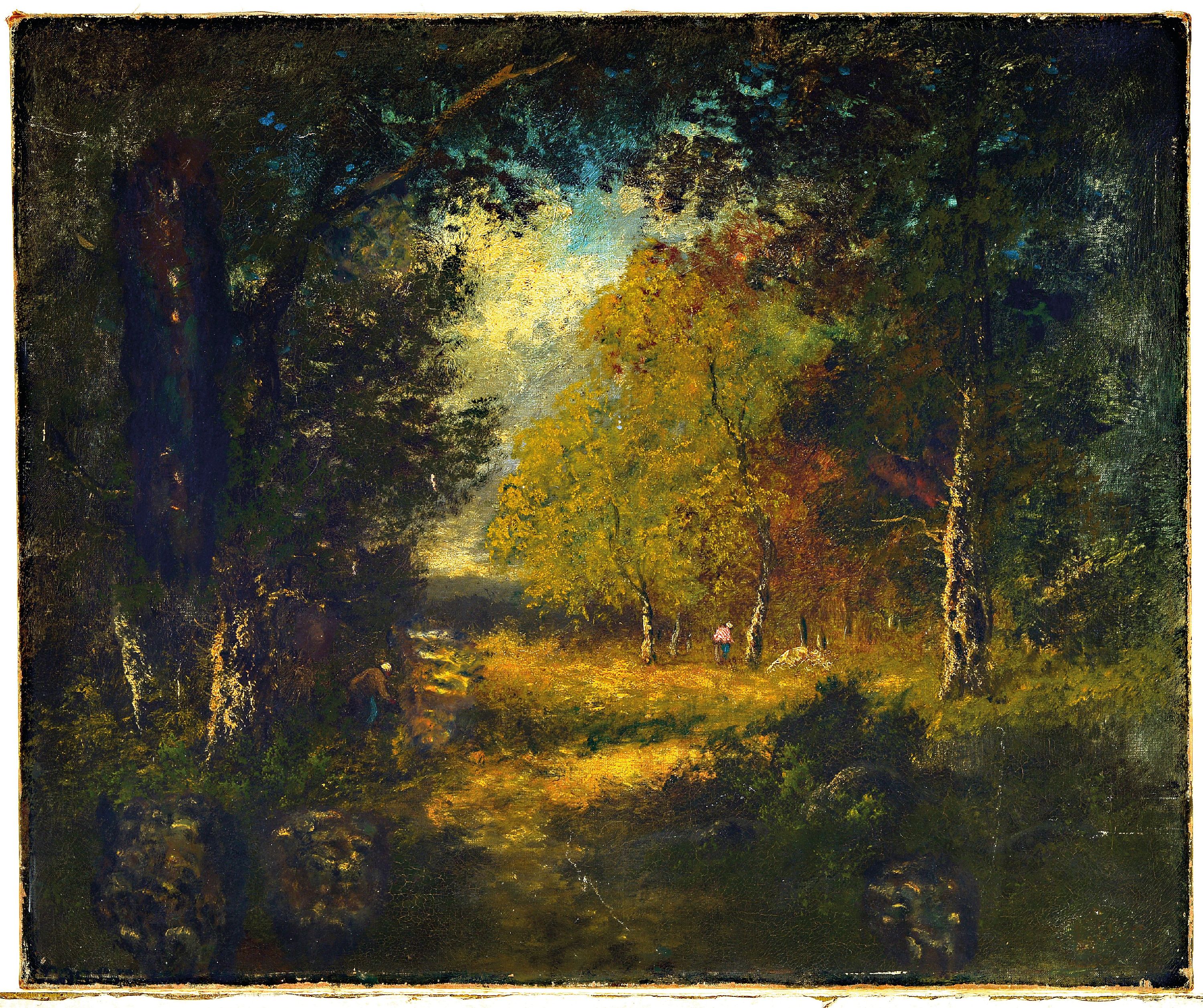 Detail k: Unbekannter Maler der Schule von Barbizon, um 1900, zwei Holzsammler im Wald, Öl/Lwd, zahlreiche Restaurationen, dennoch mit Oberflächenschäden, ...