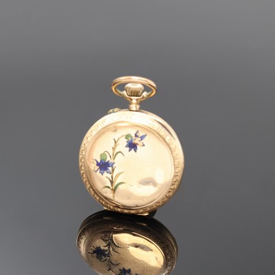 27004629a - Offene Damentaschenuhr mit Emaillierung in RG 585/000, Schweiz um 1900, Geh. dell., ...