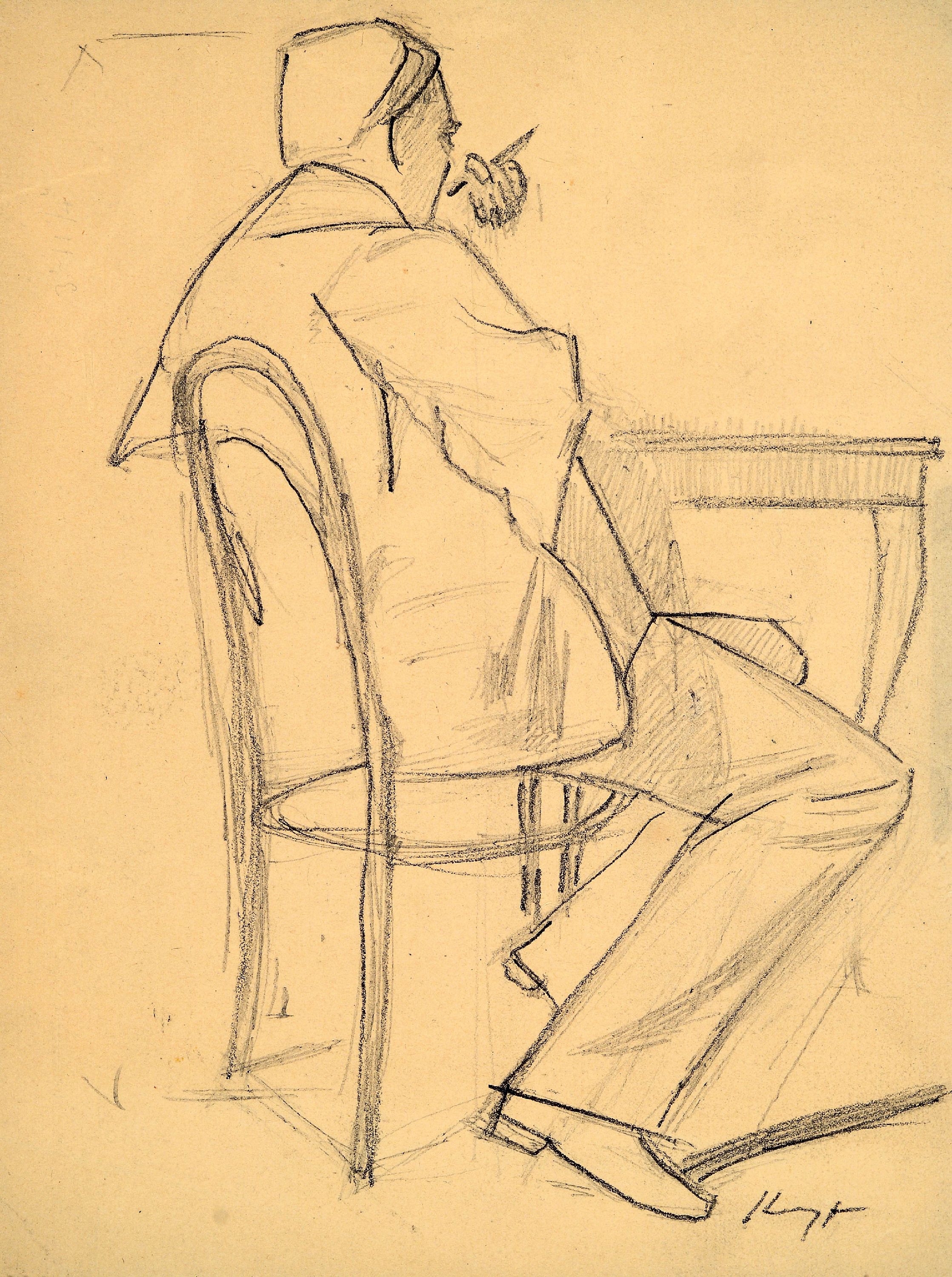 Image 27004936 - Max Slevogt, 1868 Landshut-1932 Neukastel, Bleistiftzeichnung, sitzender Mann mit Stift ...