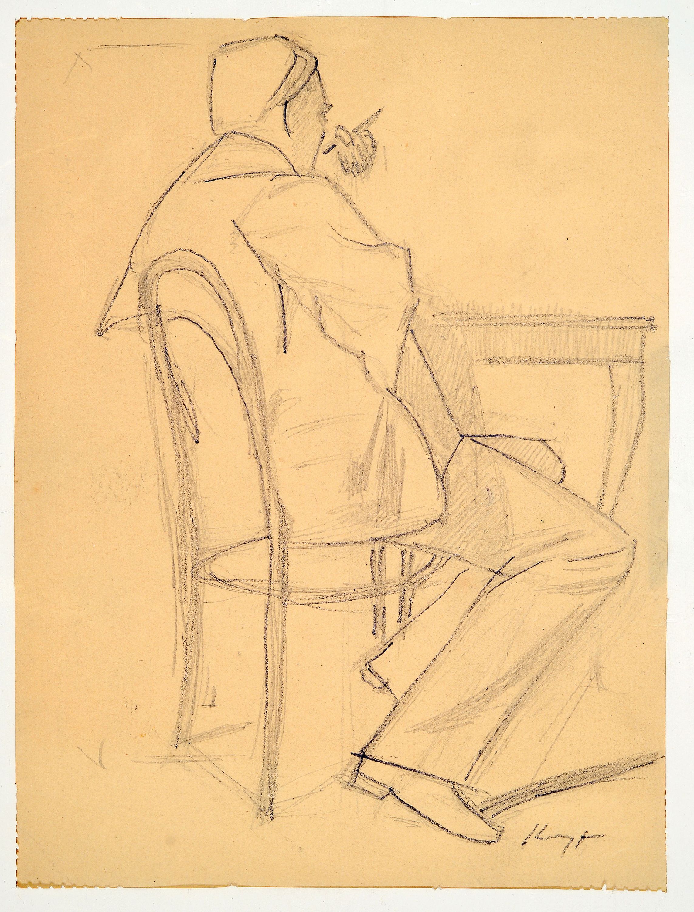Detail k: Max Slevogt, 1868 Landshut-1932 Neukastel, Bleistiftzeichnung, sitzender Mann mit Stift in der Hand, Bleistift auf Papier, gebräunt, rechts unten ...