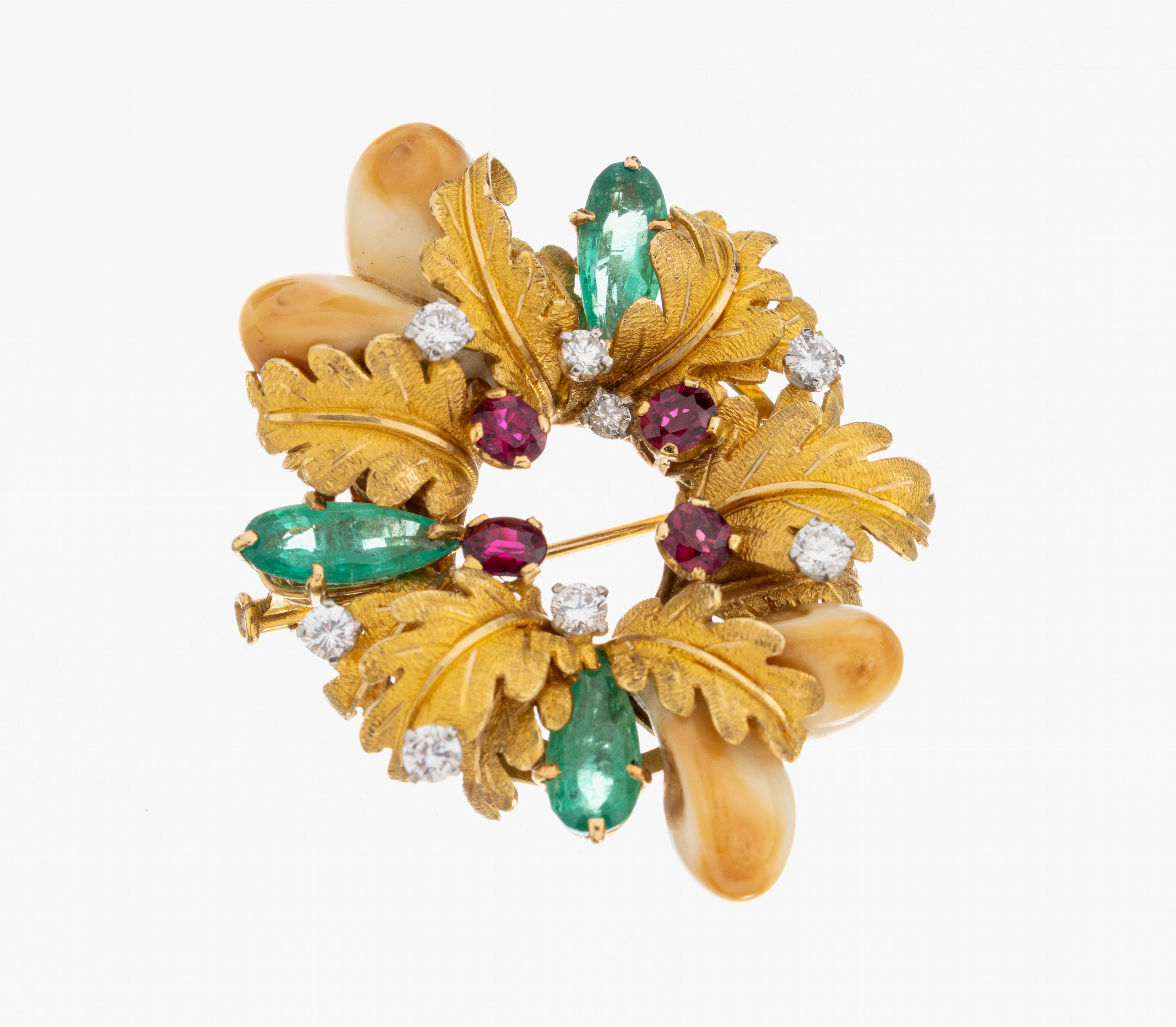 Image 27005312 - 18 kt Gold Grandel-Brillant-Rubin-Smaragd- Brosche, 1950er-60er Jahre, GG 750/000, ...