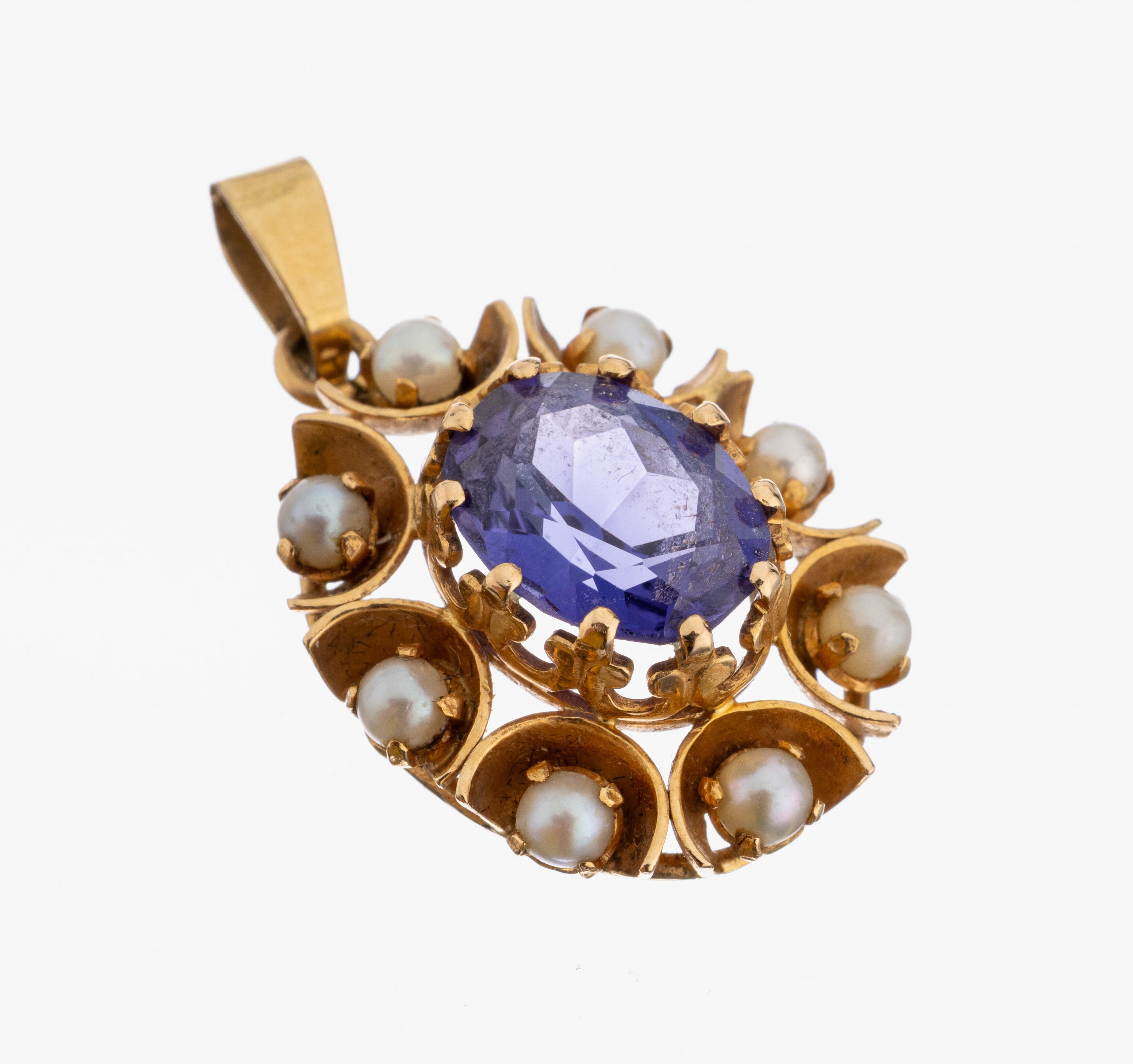 Image 27005313 - 18 kt Gold Perl-Anhänger, GG 750/000, mittig ovalfacett. synth. Korund, umgeben von ...