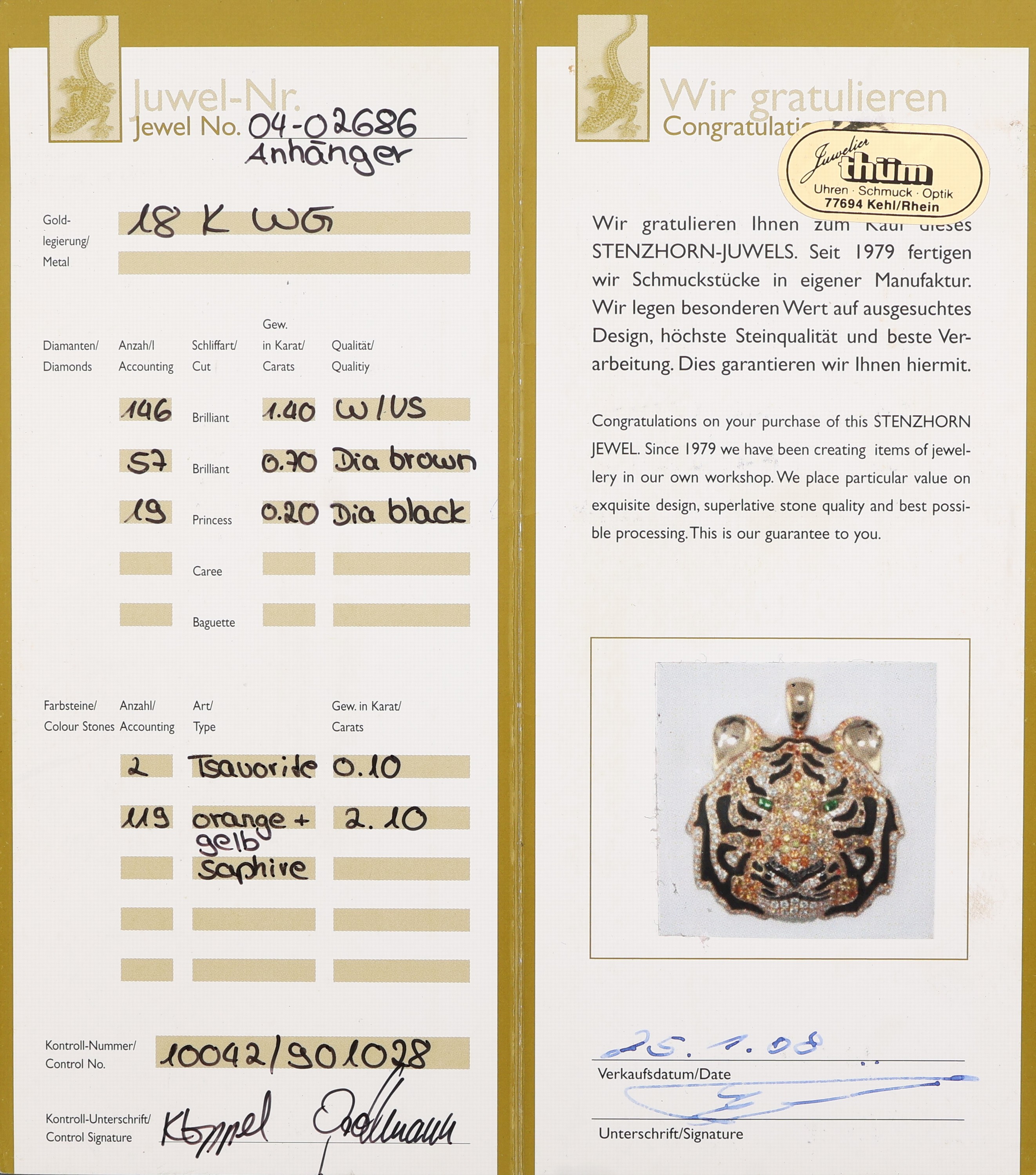 Detail a: 18 kt Gold STENZHORN Brillant-Saphir-Tsavorith-Anhänger, GG 750/000, Darstellung eines Tigerkopfes, 146 Brillanten zus. ca. 1.40 ct Weiß/vs, 57 ...