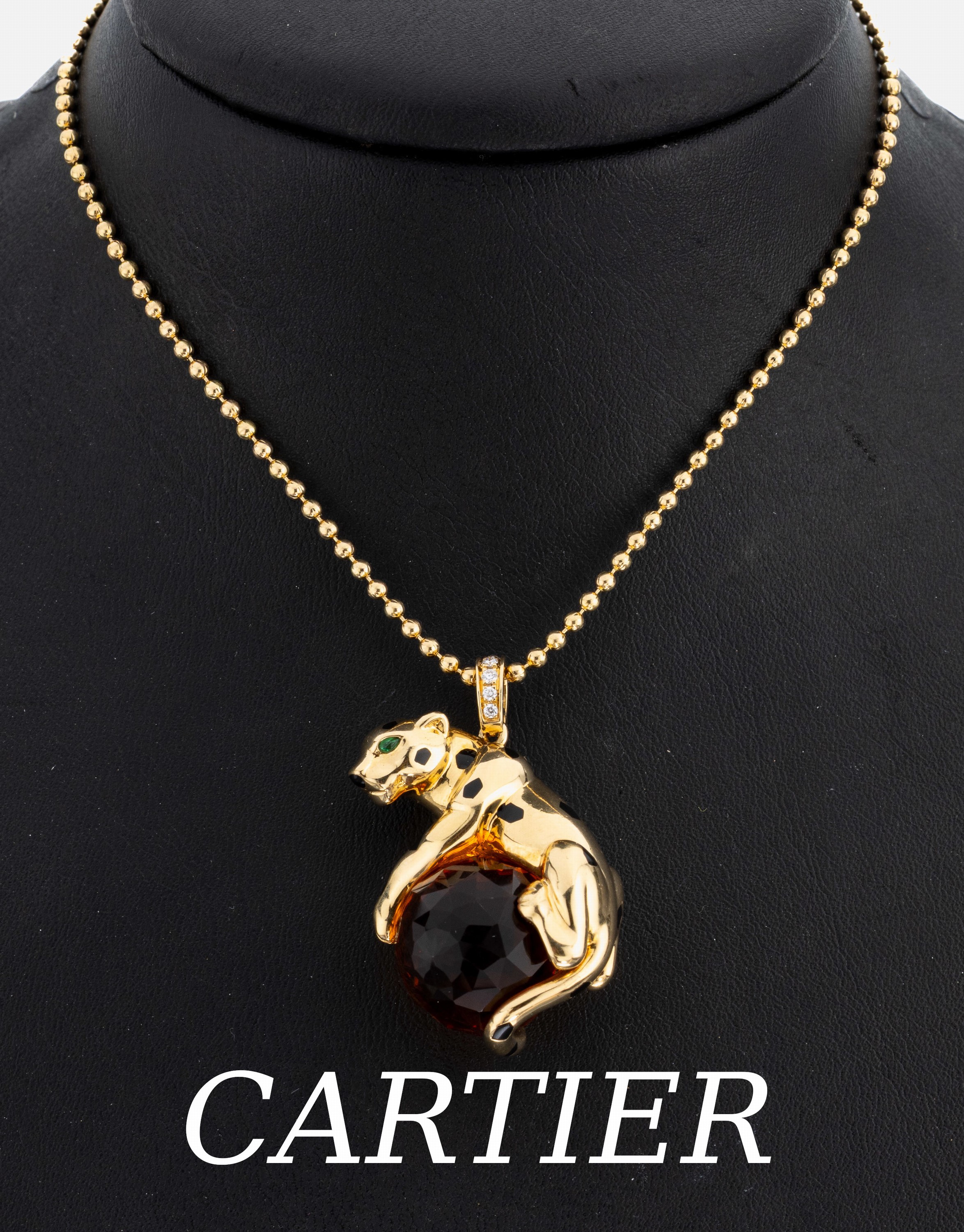 Detail a: 18 kt Gold PANTHERE DE CARTIER Citrin- Brillant-Anhänger, GG 750/000, Darstellung eines Panthers, Fell part. mit schwarzem Hartlack, gr. facett. ...