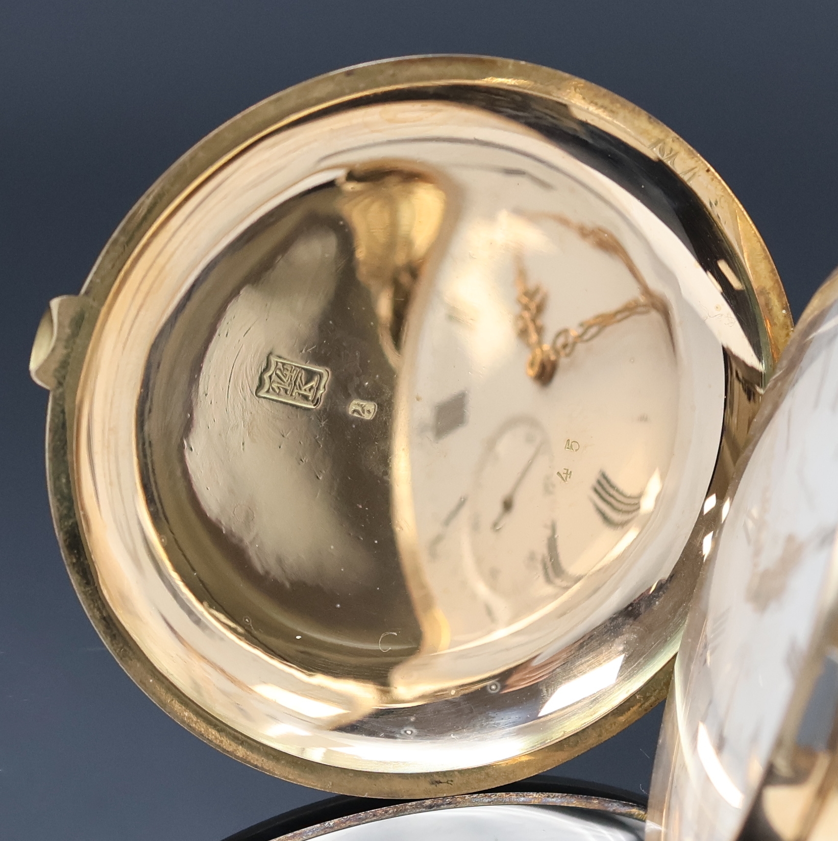 Detail c: CHRONOMETRE große und schwere Herrensavonette mit Chronometerhemmung in RoseG 585/000, Schweiz um 1900, guill. 3-Deckel Goldgeh. m. à-goutte ...