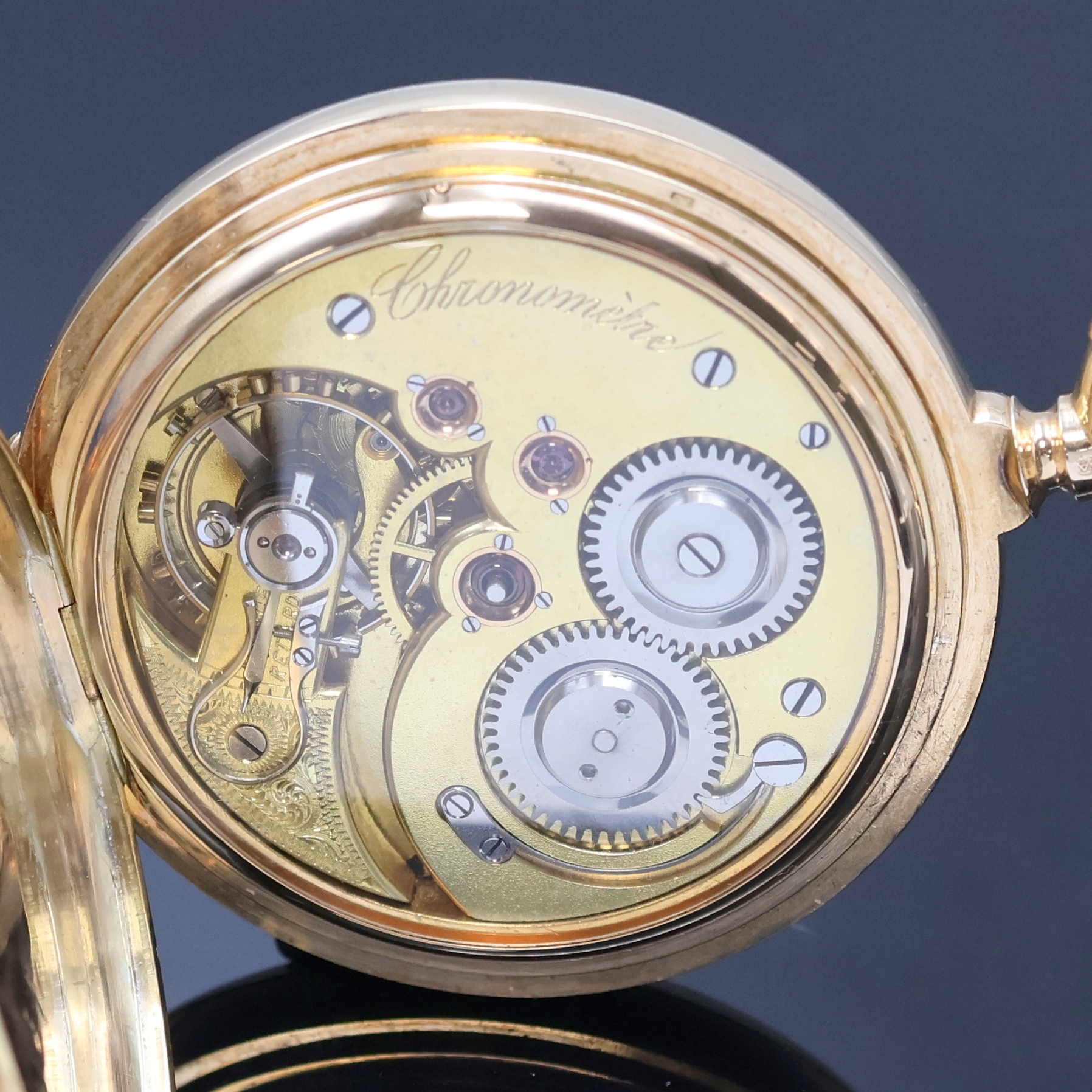 Detail g: CHRONOMETRE große und schwere Herrensavonette mit Chronometerhemmung in RoseG 585/000, Schweiz um 1900, guill. 3-Deckel Goldgeh. m. à-goutte ...