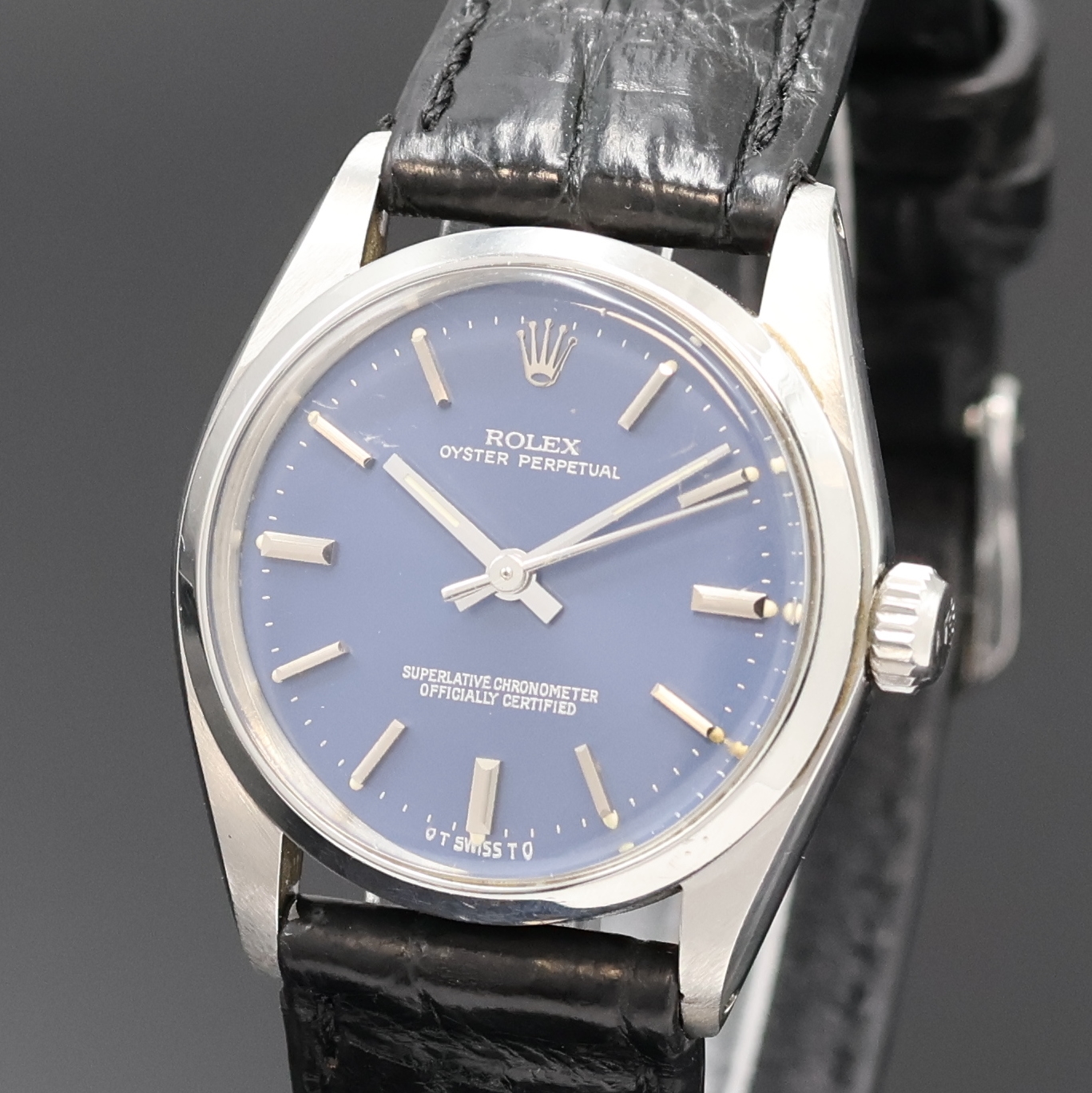 Detail a: ROLEX Armbanduhr Oyster Perpetual Referenz 6748, Schweiz um 1973, Automatik, Edelstahlgeh., Boden und Krone verschr., ab Herst. wasserd., blaues ...