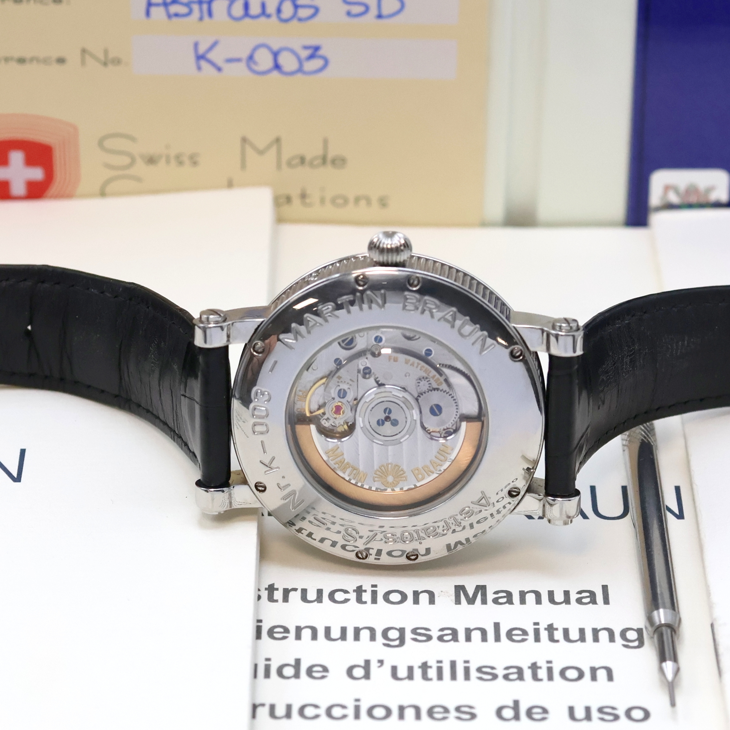 Detail e: MARTIN BRAUN astronomische Herrenarmbanduhr Astraios/S Referenz K-003, Schweiz um 2008, Automatik, Edelstahlgeh. inkl. orig. Lederband m. orig. ...