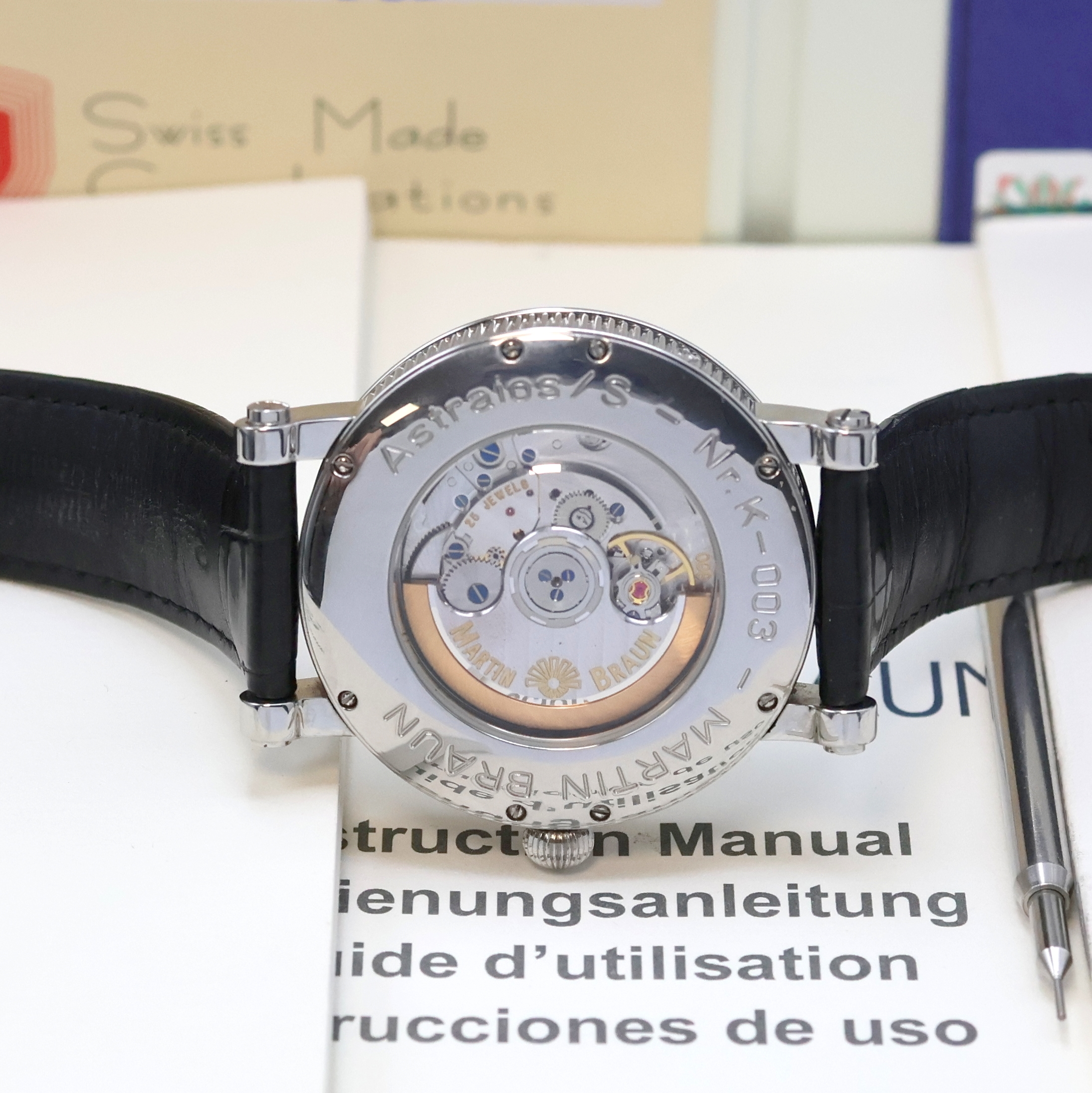 Detail f: MARTIN BRAUN astronomische Herrenarmbanduhr Astraios/S Referenz K-003, Schweiz um 2008, Automatik, Edelstahlgeh. inkl. orig. Lederband m. orig. ...