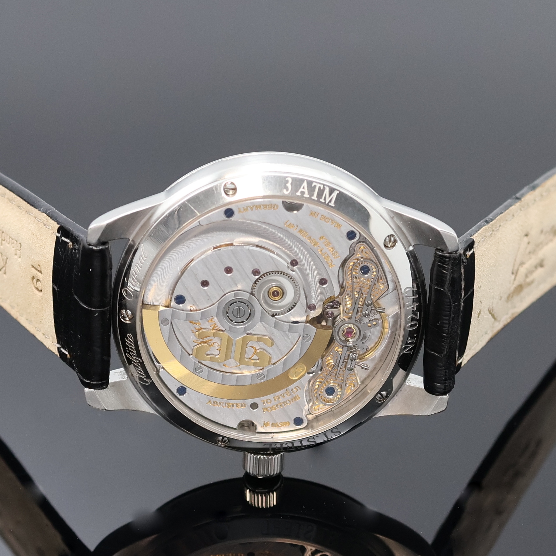 Detail f: GLASHÜTTE ORIGINAL Herrenarmbanduhr PanoMaticLunar, Deutschland um 2010, Automatik, beids. vergl. Edelstahlgeh. inkl. orig. Lederband m. orig. dopp. ...