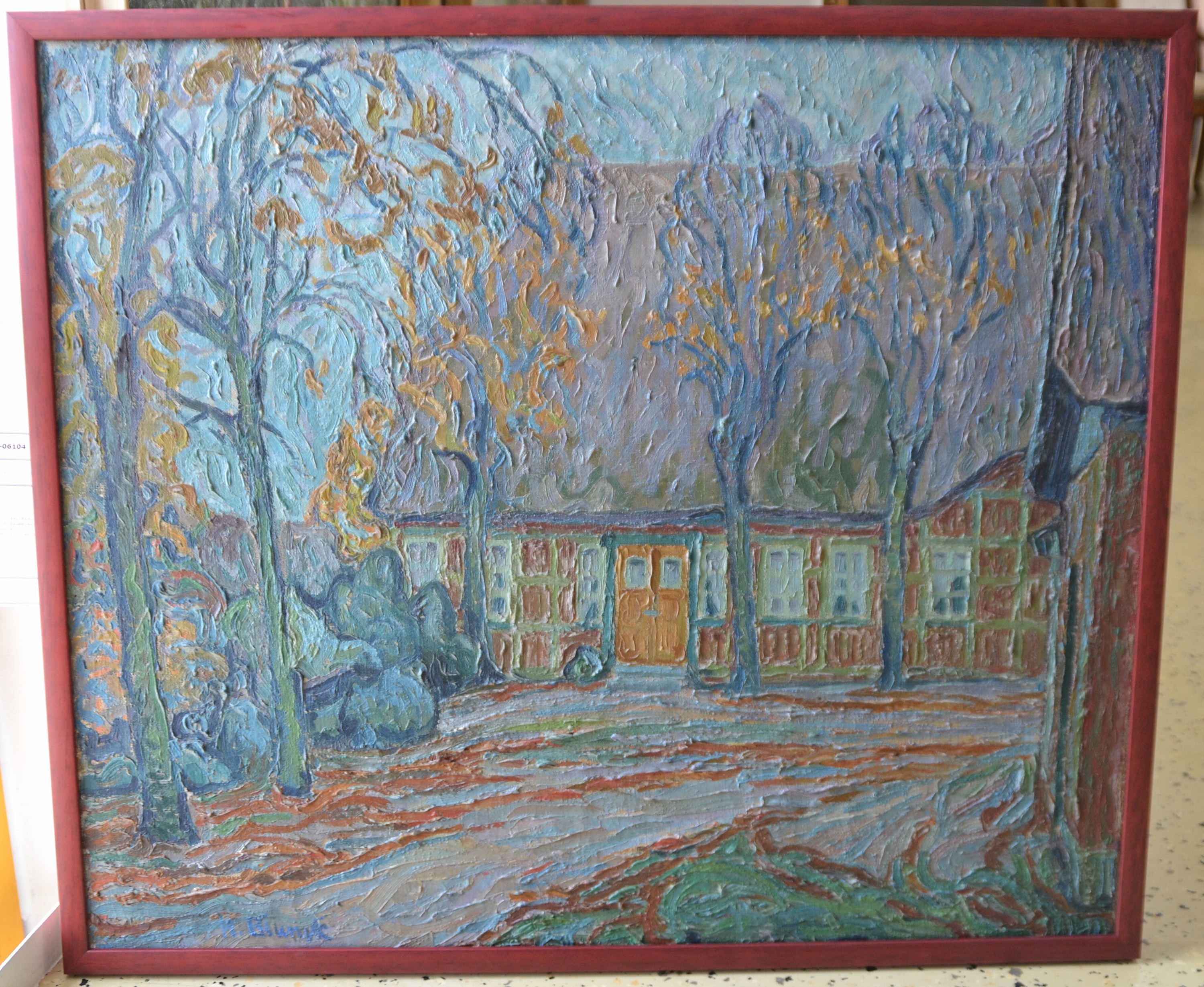 Detail a: Heinrich Blunck-Heikendorf, 1891 Kiel-1963 Heikendorf, Blick durch Bäume auf ein Gehöft, Öl/Lwd, links unten signiert H. Blunck, expressive ...