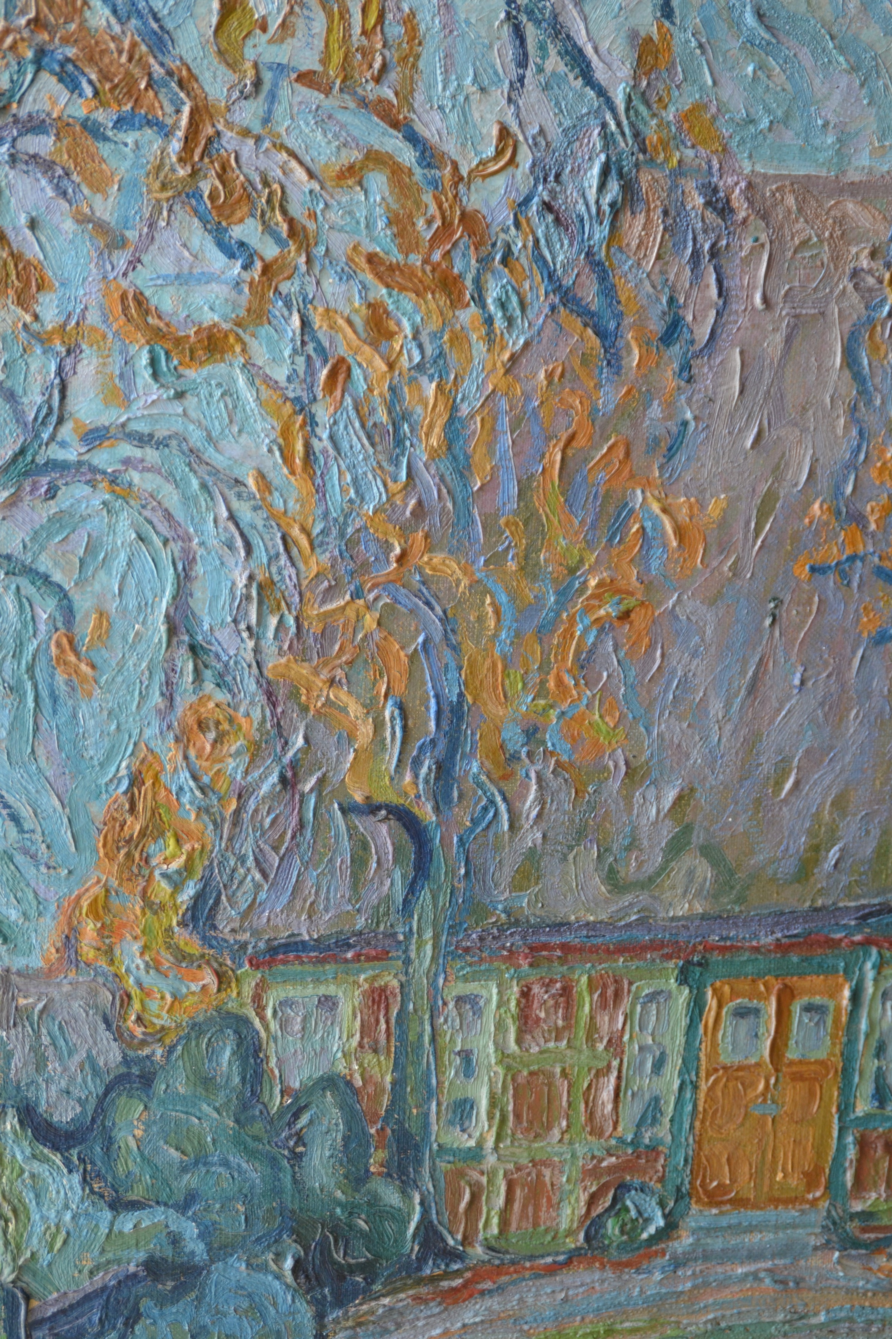 Detail c: Heinrich Blunck-Heikendorf, 1891 Kiel-1963 Heikendorf, Blick durch Bäume auf ein Gehöft, Öl/Lwd, links unten signiert H. Blunck, expressive ...