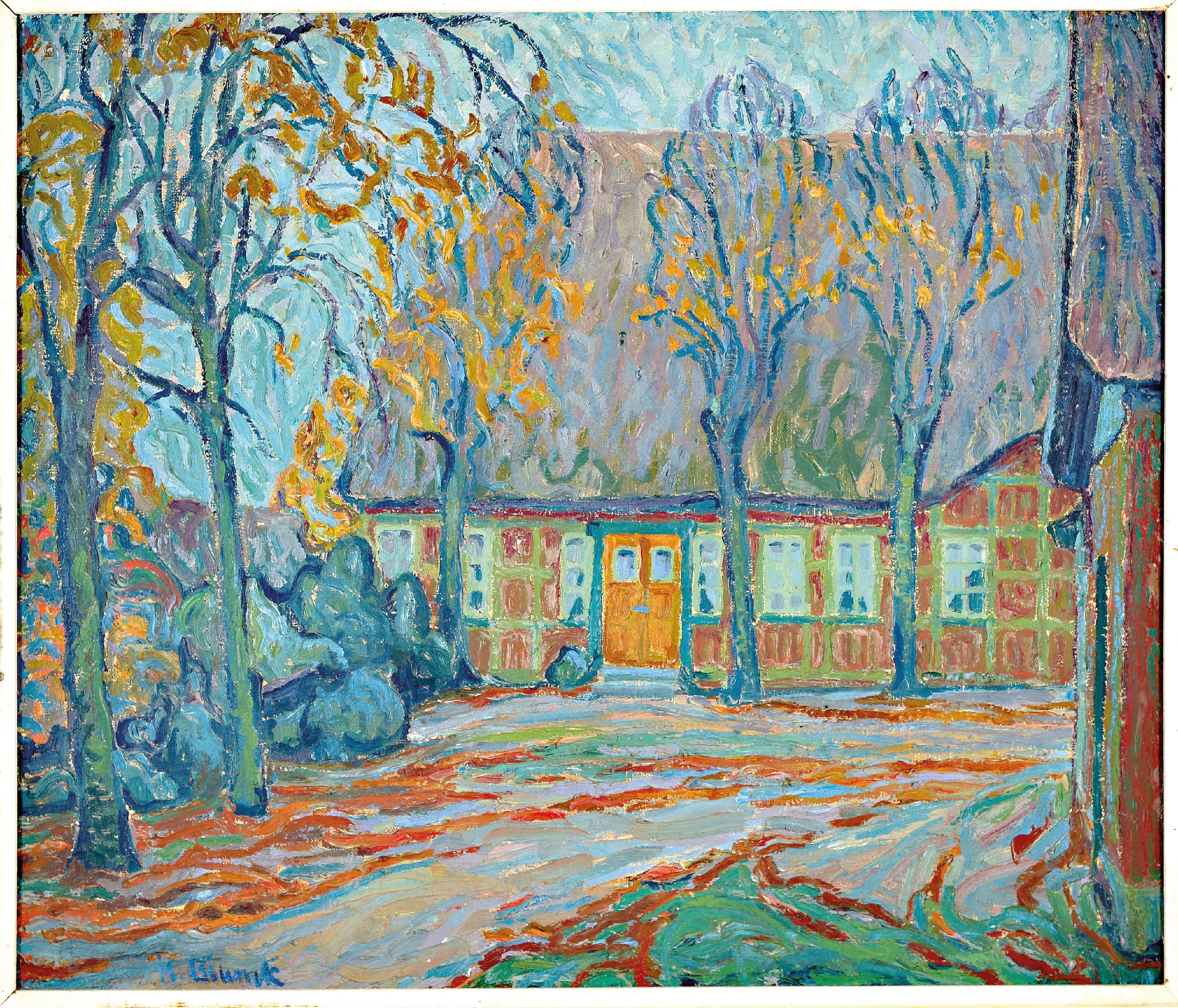 Detail k: Heinrich Blunck-Heikendorf, 1891 Kiel-1963 Heikendorf, Blick durch Bäume auf ein Gehöft, Öl/Lwd, links unten signiert H. Blunck, expressive ...
