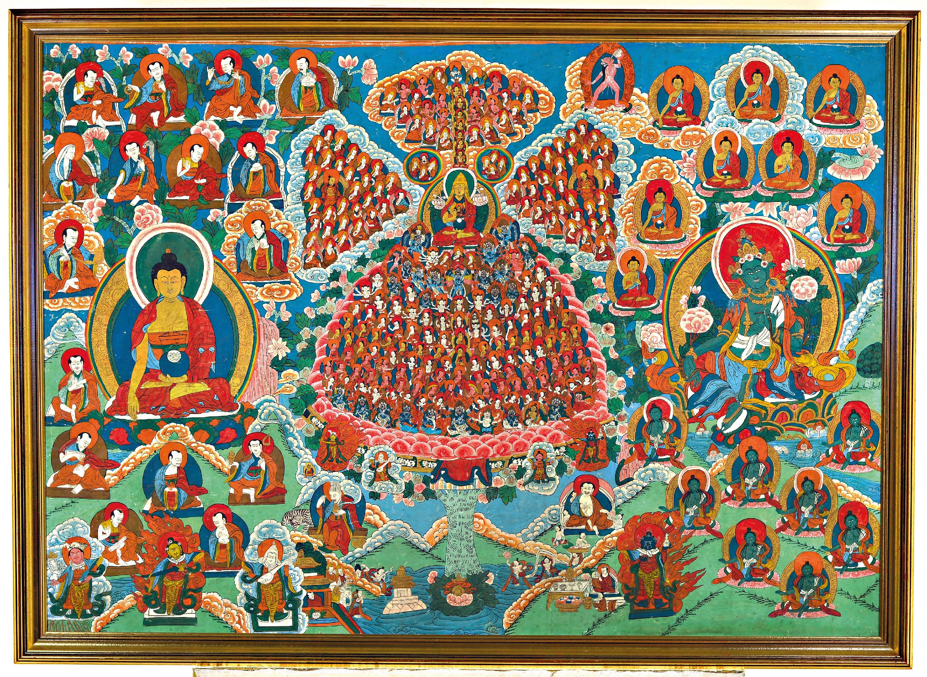 Image 27005744 - Großer Thangka, Nepal, um 1900, vielfigurige Darstellung des buddhistischen Kosmos, ...
